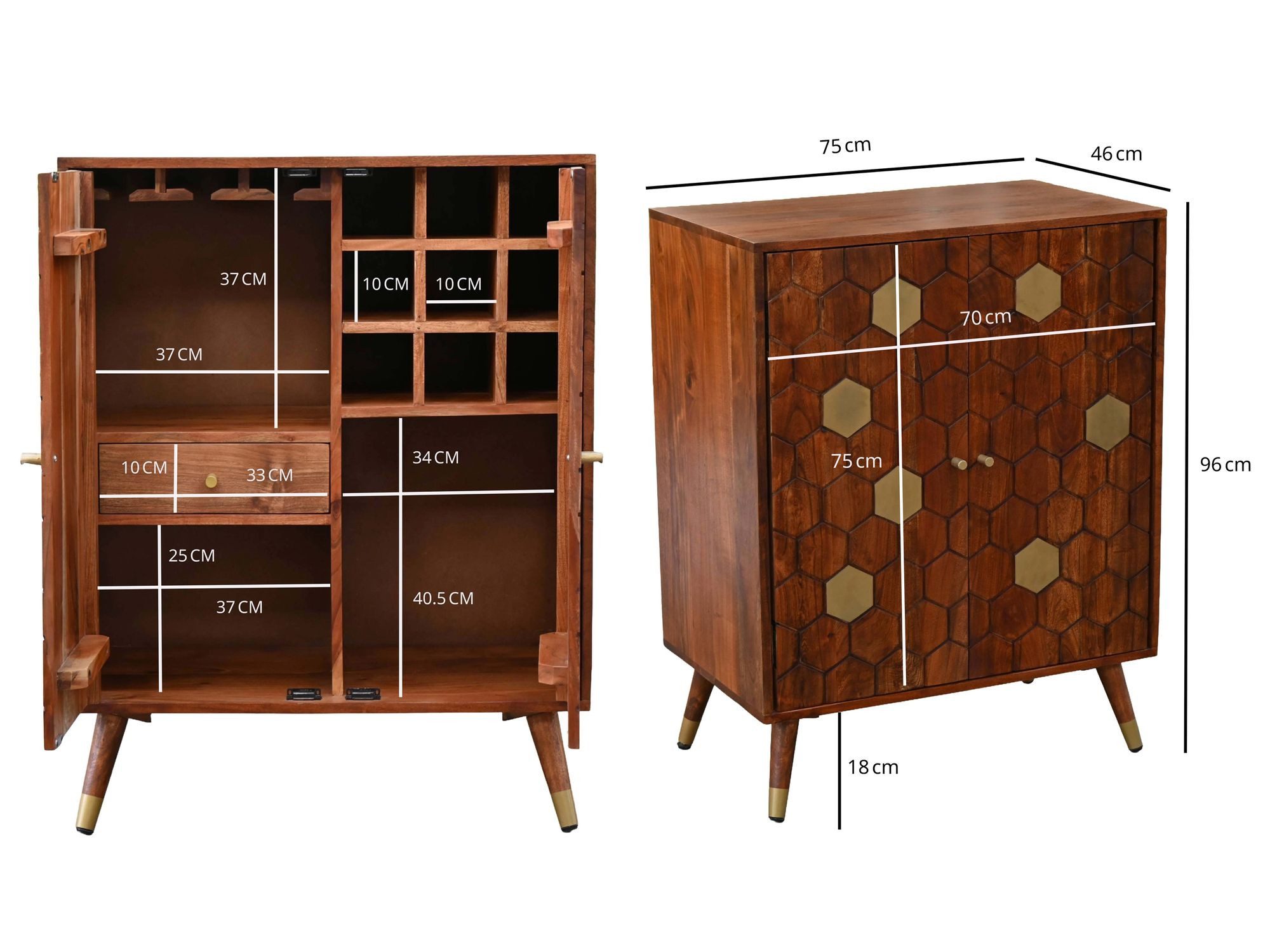 FINEBUY Barschrank FB117162 Massivholz 75cm Bar Weinschrank Design Hausbar Handmade (Extravagantes Barmöbel mit 3D-Wabenmuster) Viel Stauraum mit Weinregal und Weinglashalter