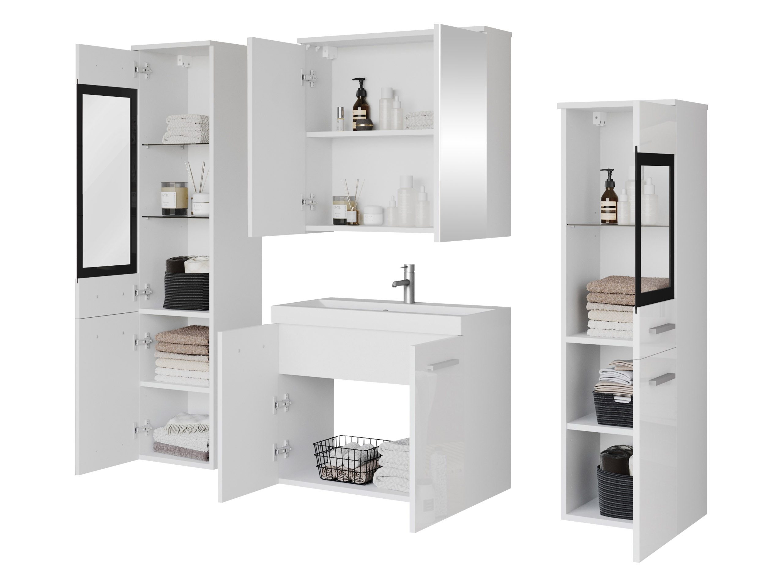 MIRJAN24 Badmöbel-Set Madrit II, (5er-Set, Waschbeckenschrank, 2x Hochschrank, Spiegelschrank, Waschbecken), mit Siphon, LED-Beleuchtung als Option