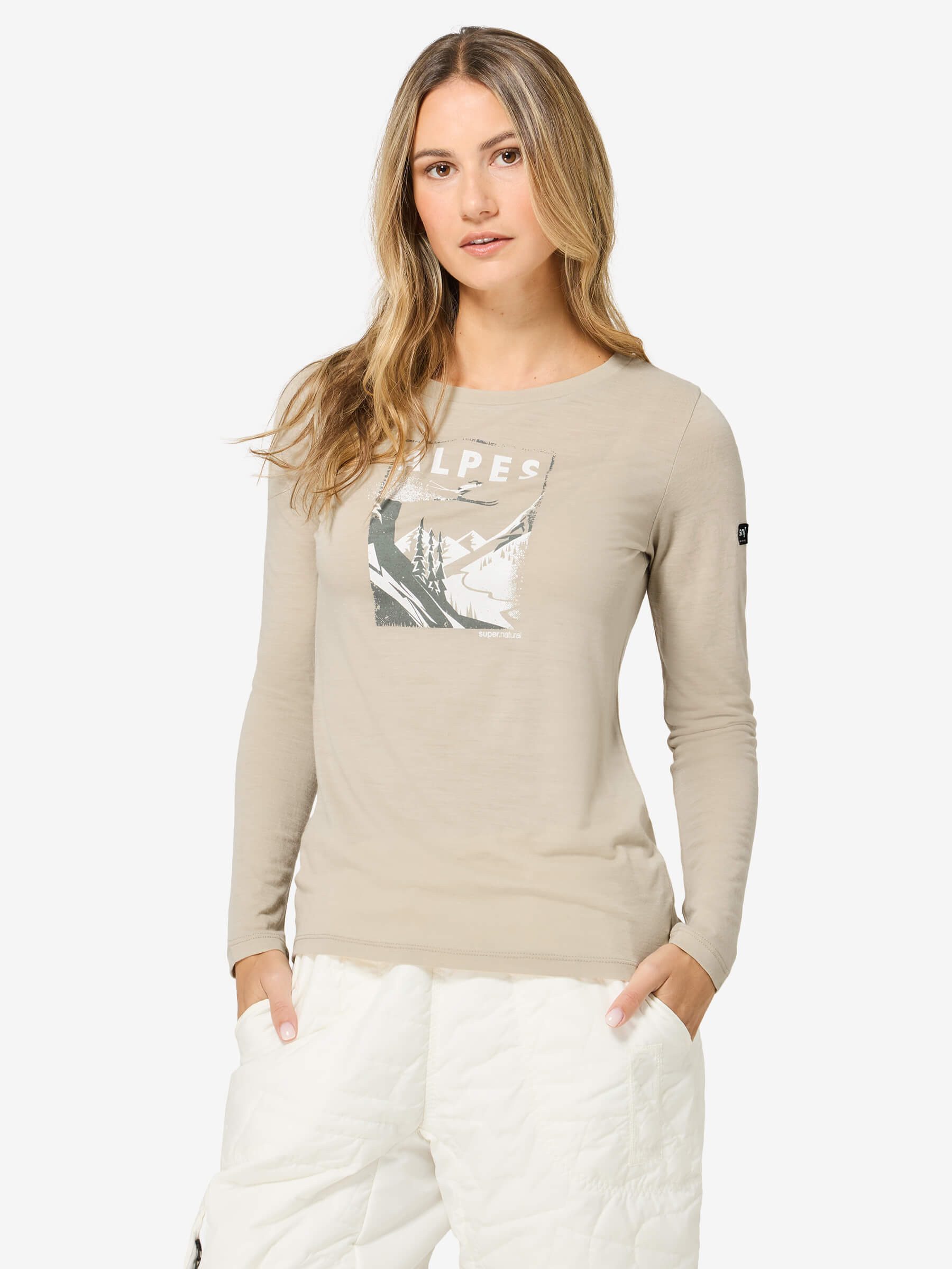 SUPER.NATURAL Langarmshirt für Damen, Merino W ALPES LS mit Ski-Motiv, atmungsaktiv