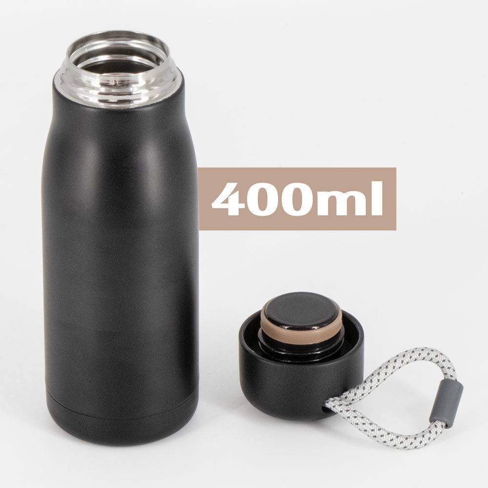 KVOTA Thermoflasche Thermoflasche Edelstahl 400 ml – doppelwandig, auslaufsicher, schwarz, doppelwandig, Schnellverschluß