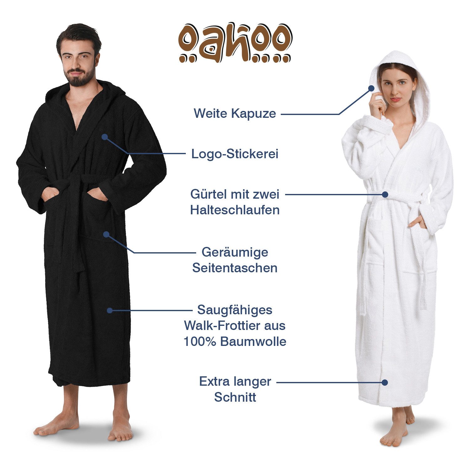 OAHOO Bademantel Unisex Frottee Bademantel mit Kapuze 100% Baumwolle, Extra-Lang