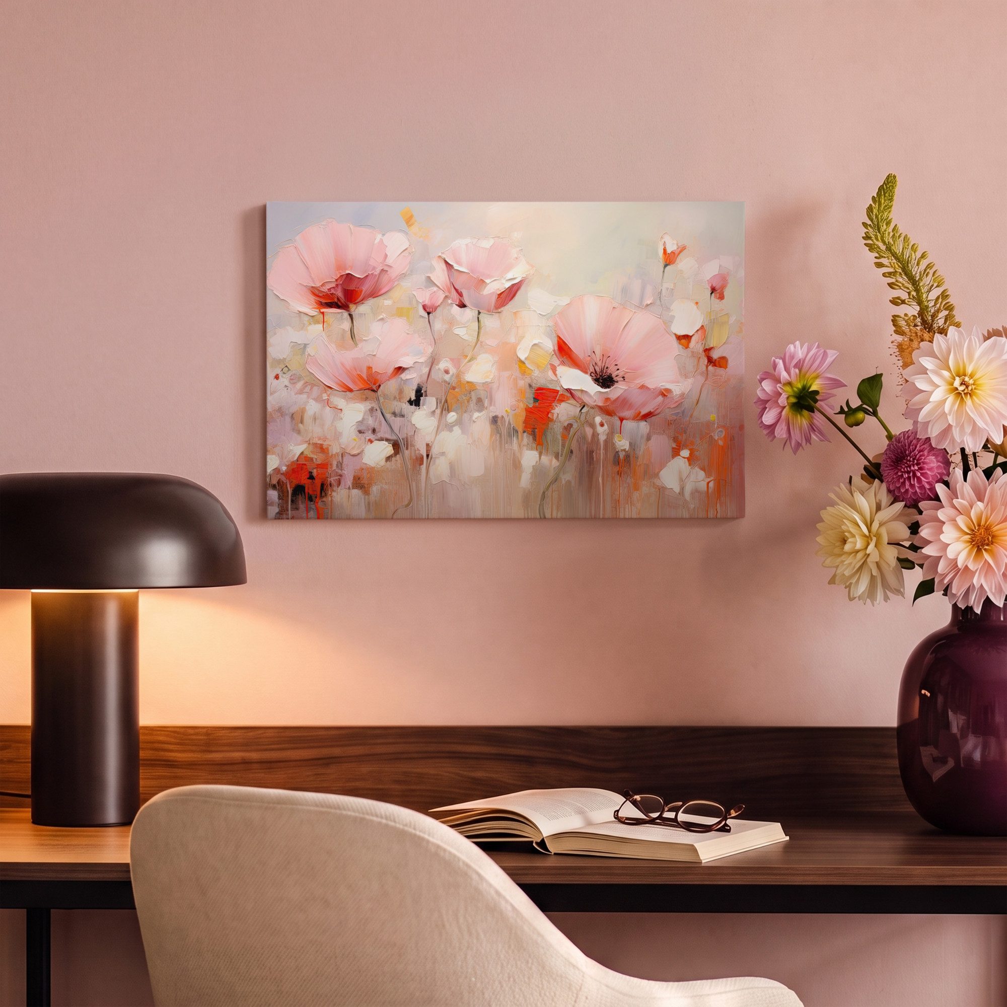 OneMillionCanvasses® Leinwandbild Blumen - Aquarell - Rosa - Abstrakt - Kunst, Fotodruck (1 St), Leinwand Bilder Klein, Wand Dekoration Aesthetic 30x20 cm – Bild 4 von 5