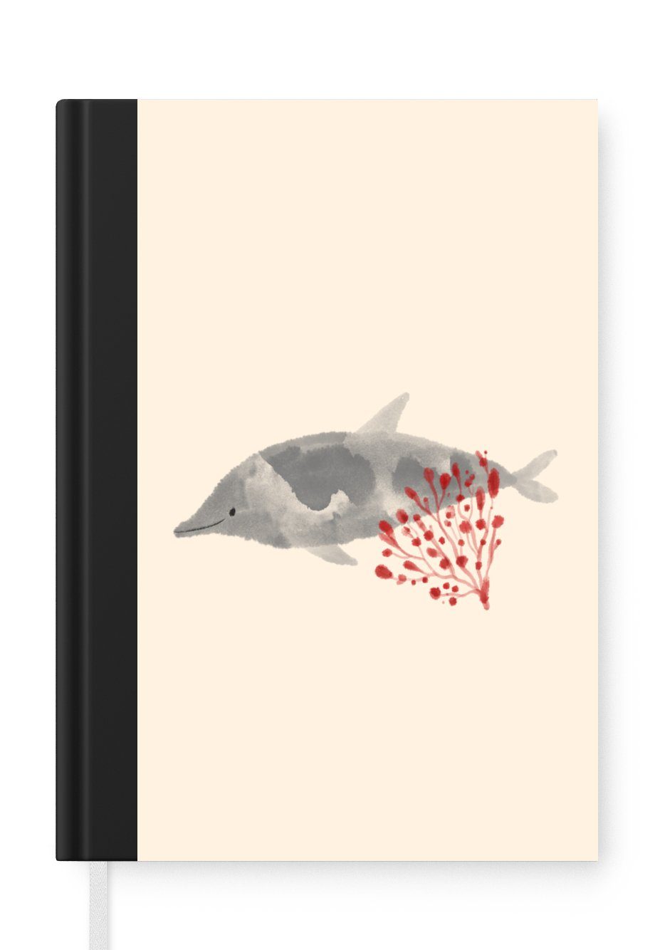 MuchoWow Notizbuch Delfin - Wasserpflanzen - Rot - Aquarell, Journal, Merkzettel, Tagebuch, Notizheft, A5, 98 Seiten, Haushaltsbuch