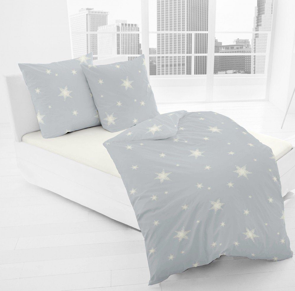 JACK Bettwäsche JACK by Dormisette Fein Biber Bettwäsche Stern Sterne Hellgrau Weiß, Biber, 3 teilig, 135x200 / 200x220 / 240x220 cm, warme Biberbettwäsche mit Sternenmotiv