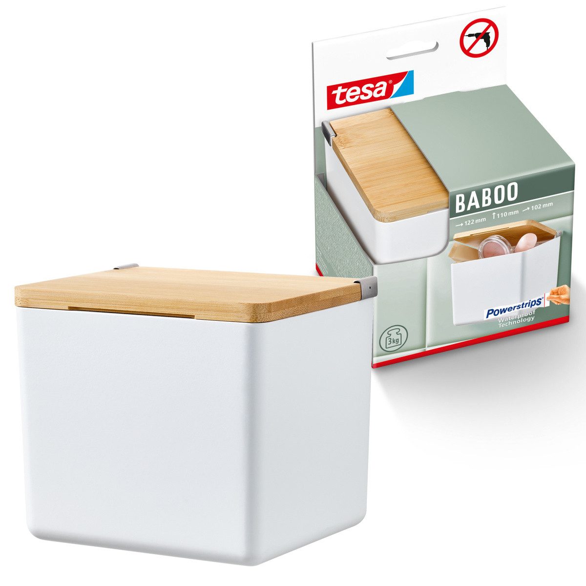 tesa Organizer Baboo Bad-Aufbewahrungsbox klein (1 St), Badezimmer Aufbewahrungslösung, Badregal zur Wandmontage ohne Bohren