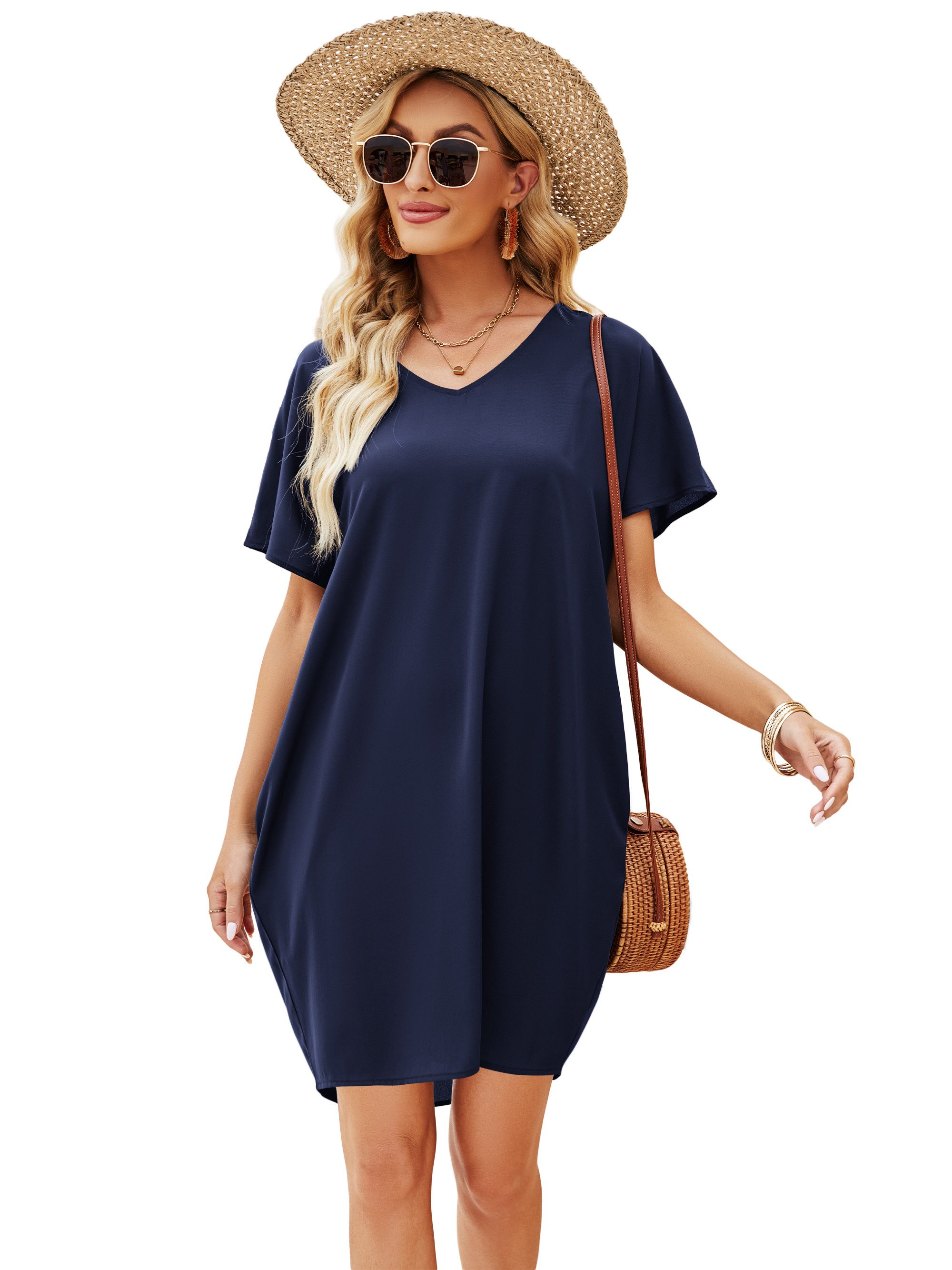 Beluring Shirtkleid Damen Sommerkleid Kurzarm V-Ausschnitt günstig online kaufen
