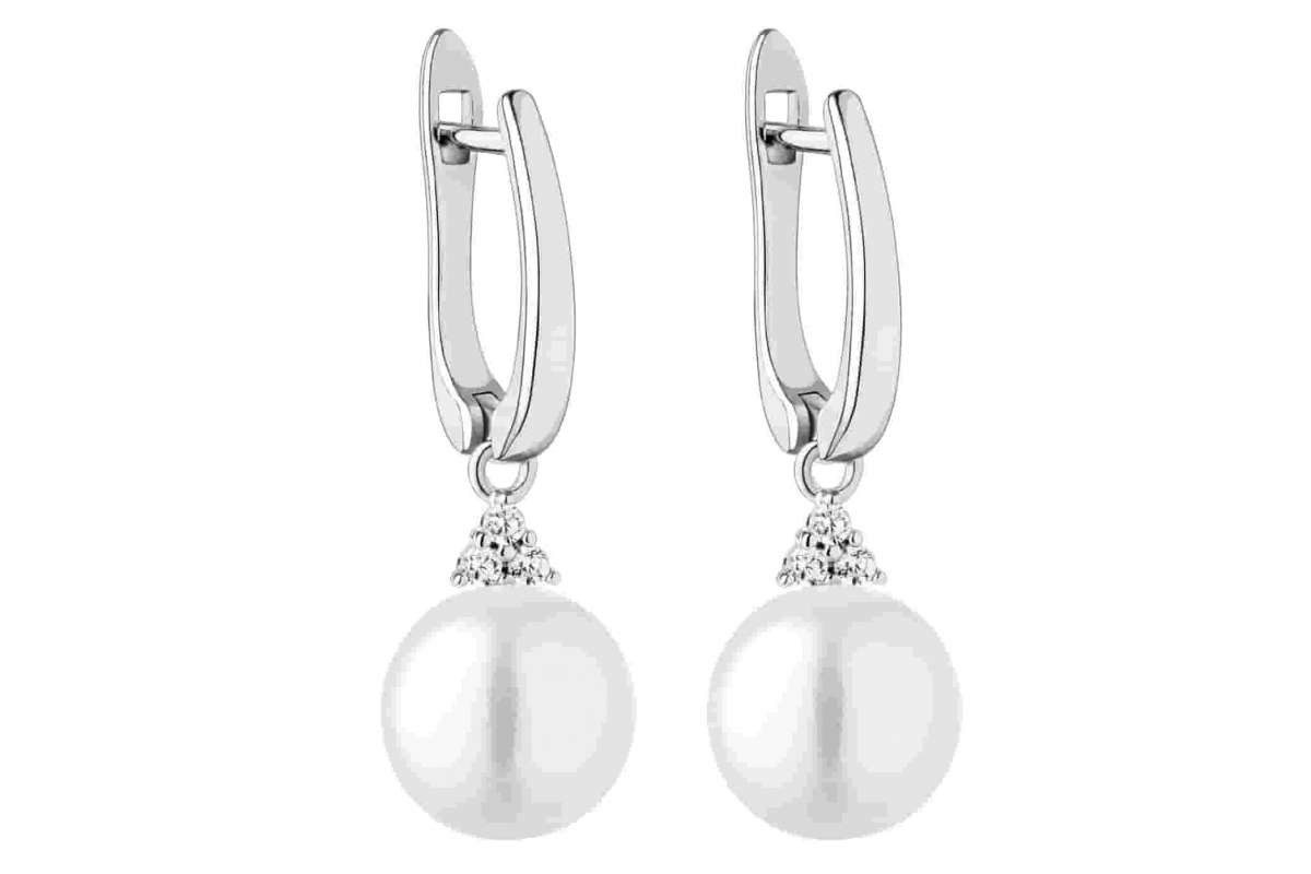 Gaura Pearls Perlenohrringe Elegant echt hängend weiß rund 9-9.5 mm, Zirkonia, engl. Verschluss, 925er rhodiniertes Silber