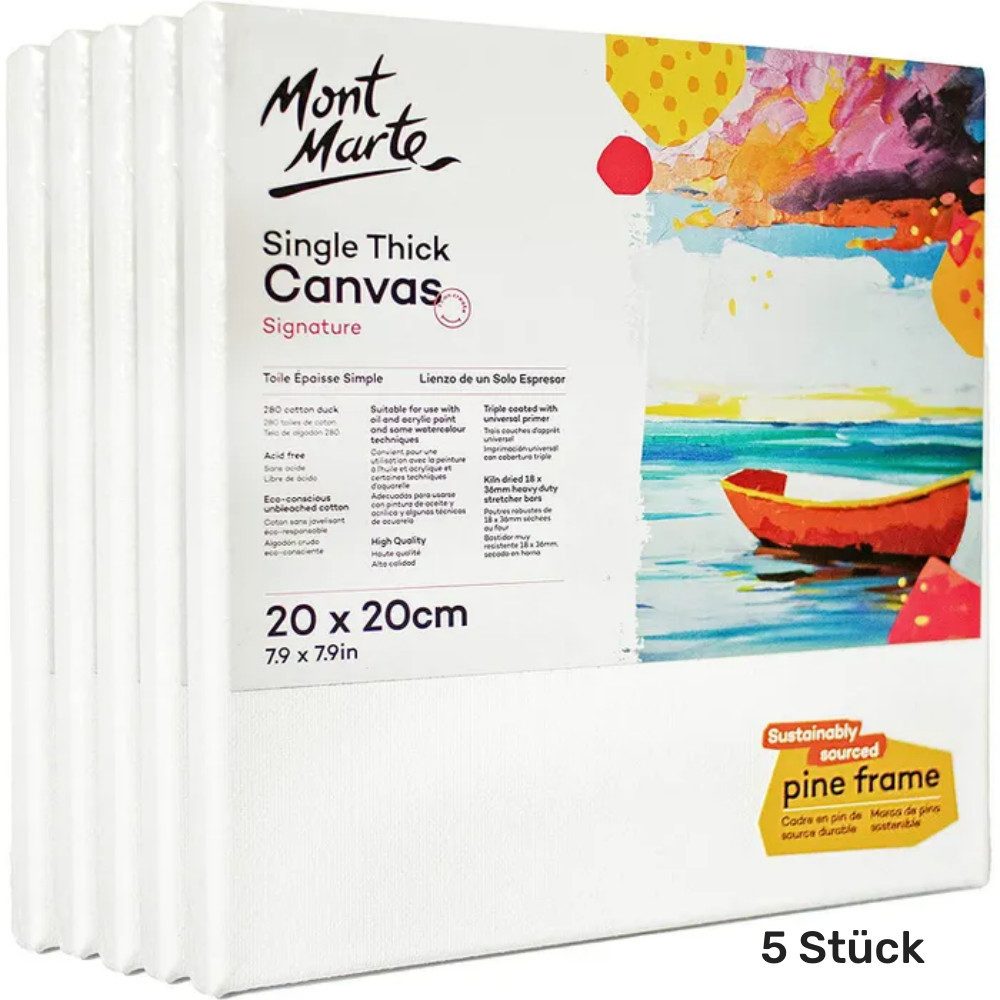 Mont Marte Носилка 5 Stück Носилка 20 x 20 cm mit Leinwand aus Baumwolle, Aufgezogen & Vorgrundiert, 280g/m, 20 x 20 cm