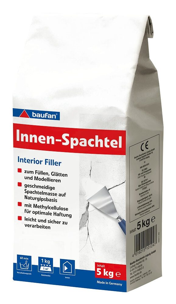 baufan® Spachtelmasse Innen-Spachtel Füllstoff auf Naturgipsbasis Innenspachtel, geeignet zum Füllen, Glätten und Modellieren