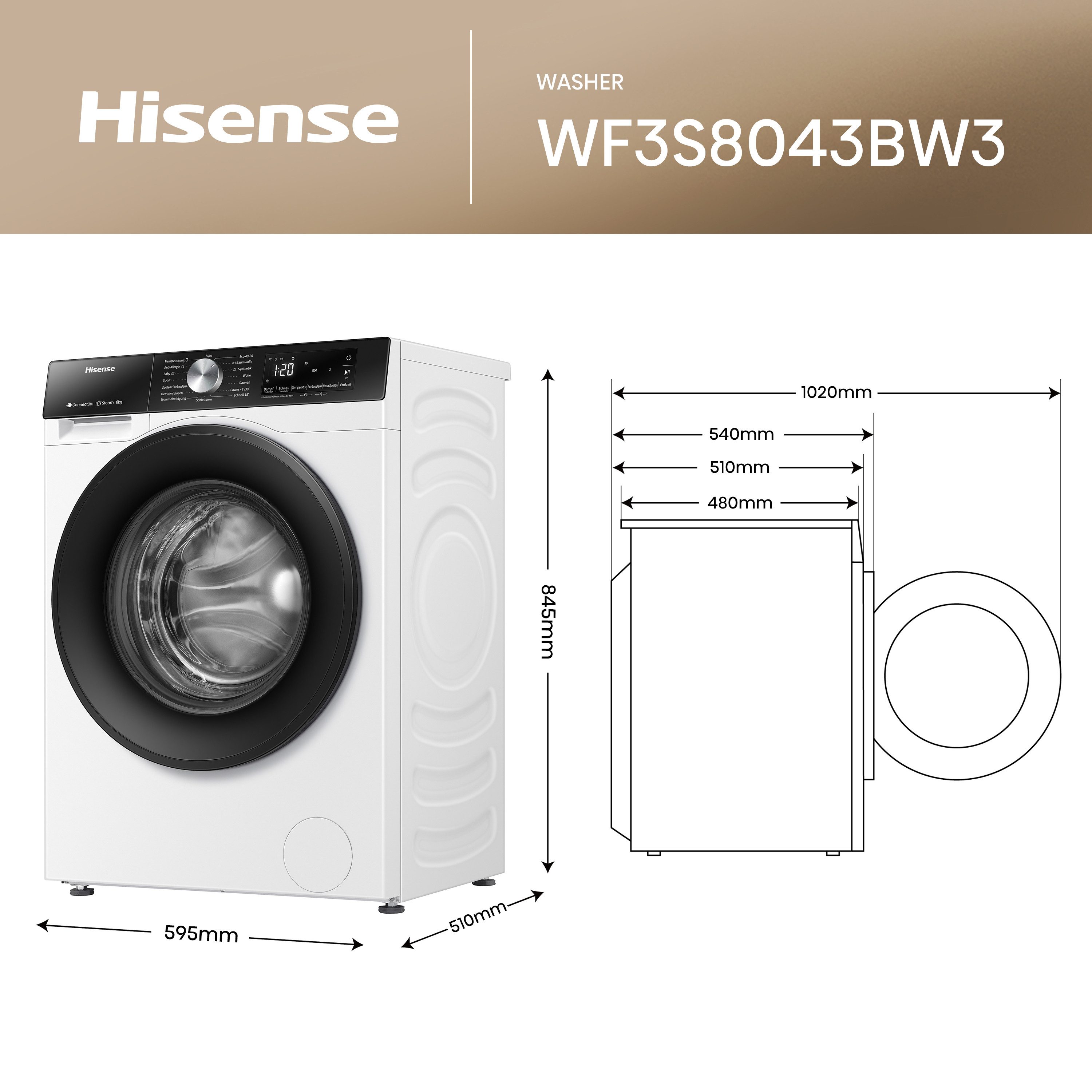 Hisense perilica rublja WF3S8043BW3, 8 kg, 1400 o/min, Wifi-ConnectLife