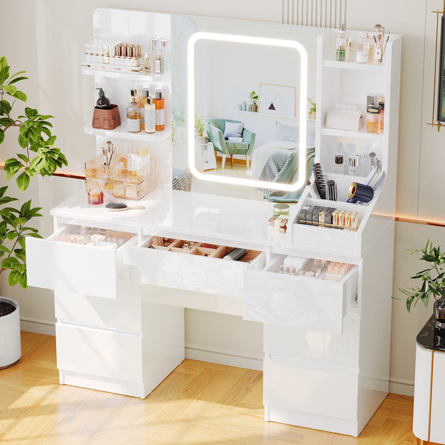 HOMALL Schminktisch Eingebaute LED-Beleuchtung, einstellbare Helligkeit, mit 7 Schubladen (Maße: 110 × 40 × 139 cm, mit verstellbarer LED-Spiegelbeleuchtung, drei wählbare Farbtöne + stufenlose Dimmung, 8 offene Ablagefächer + 7 Schubladen (Schubladenhöhe