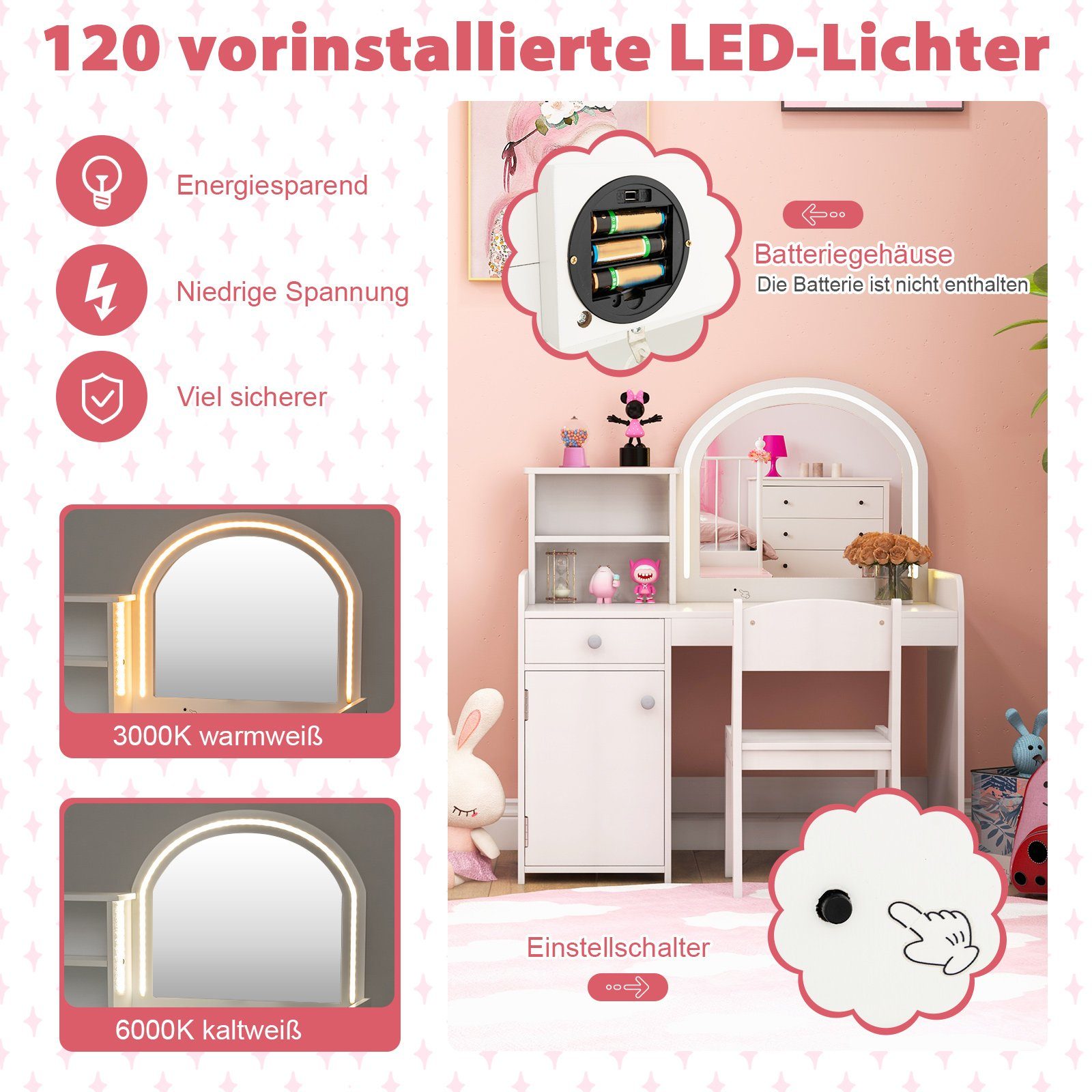 COSTWAY Schminktisch Kinder, mit Stuhl & LED Spiegel & Schublade, ab 3 Jahre