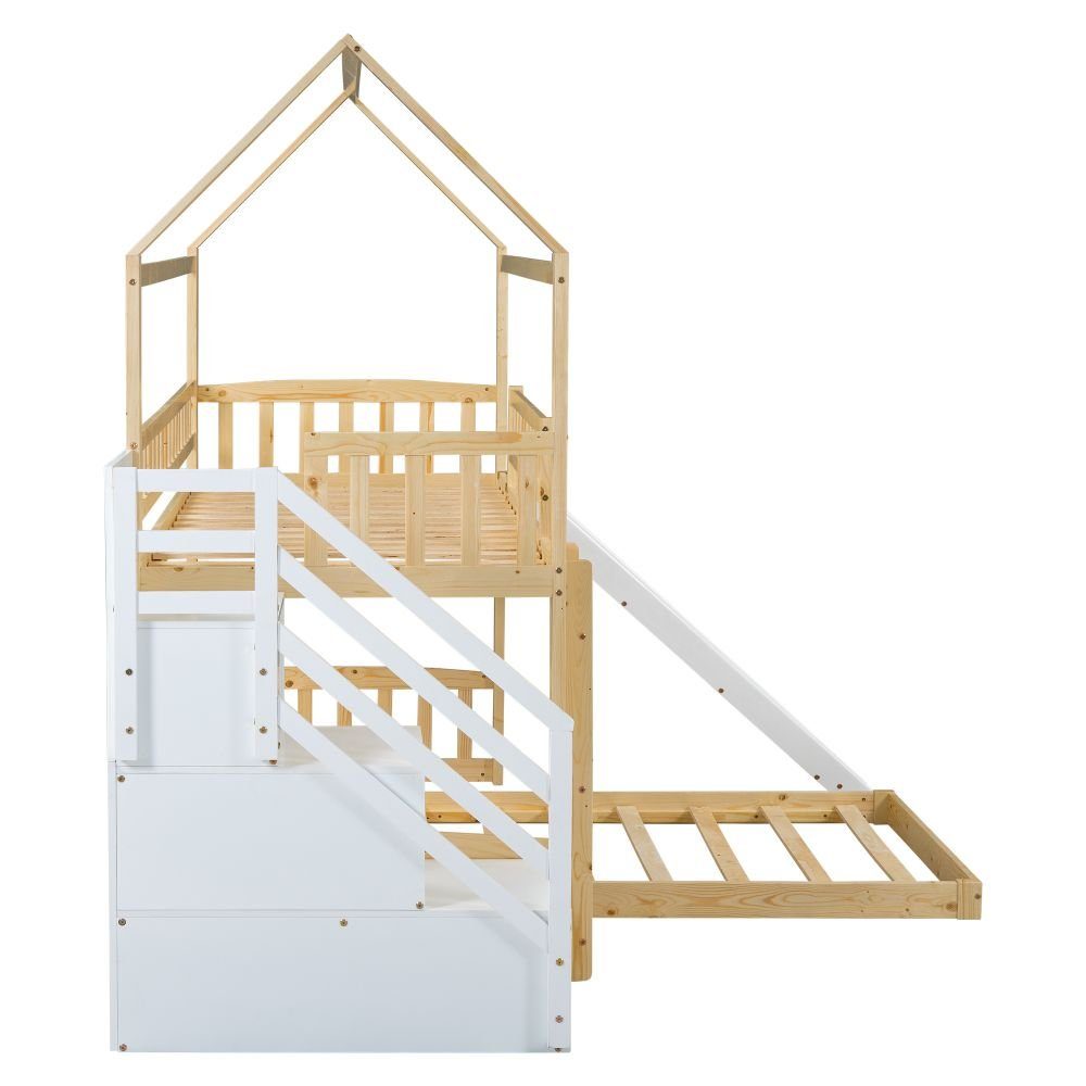 SIKAINI Hausbett (set, mit und Rutsche), mit rechtwinkliger mit Kinderbett Leit, Treppe Etagenbett Fallschutz, 1-tlg., Handlauf und mit Treppe