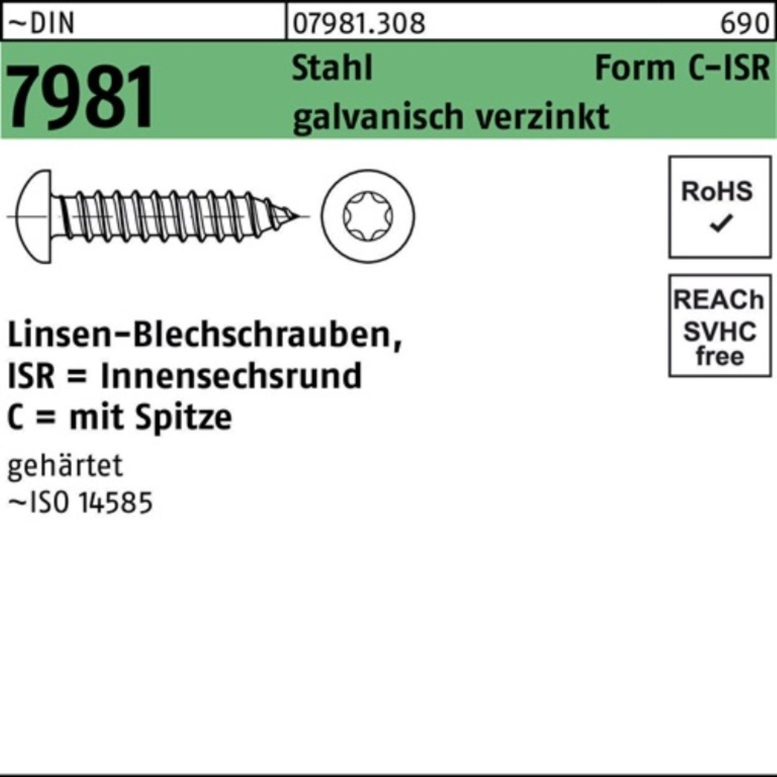 Reyher Blechschraube 250er Pack Blechschraube DIN 7981 LIKO ISR 6,3x45 -C-T30 Stahl galv.ve