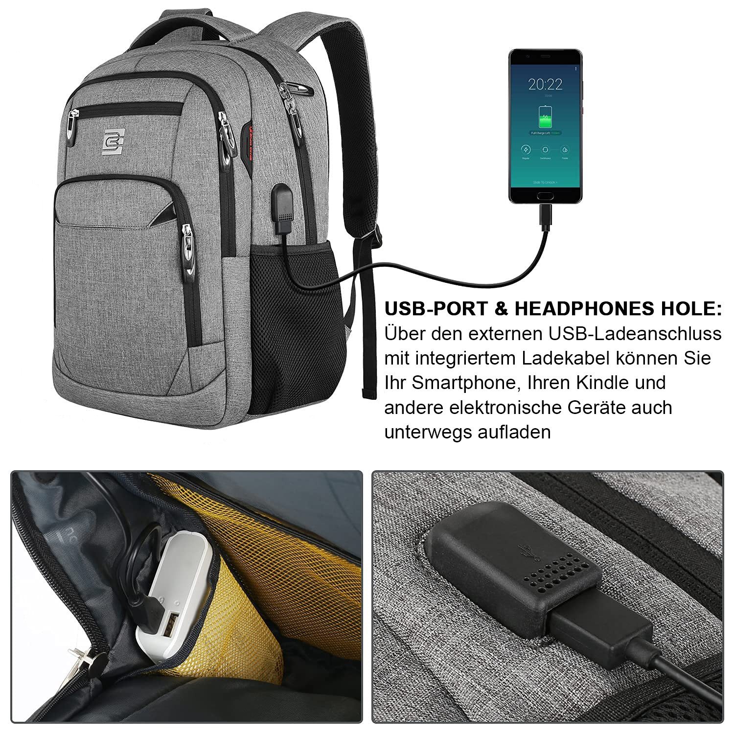 MODFU Laptoprucksack Laptop Rucksack Rucksäcke Schulrucksack Laptoptasche Wasserbeständig (Laptop Notebook Tasche Schule Uni Rucksack Freizeitrucksack, Anti-Diebstahl, Backpack mit Laptopfach, Sportrucksack, mit USB-Anschluss), Herren Damen Jungen Teenager Freizeit Arbeit Business Reisen