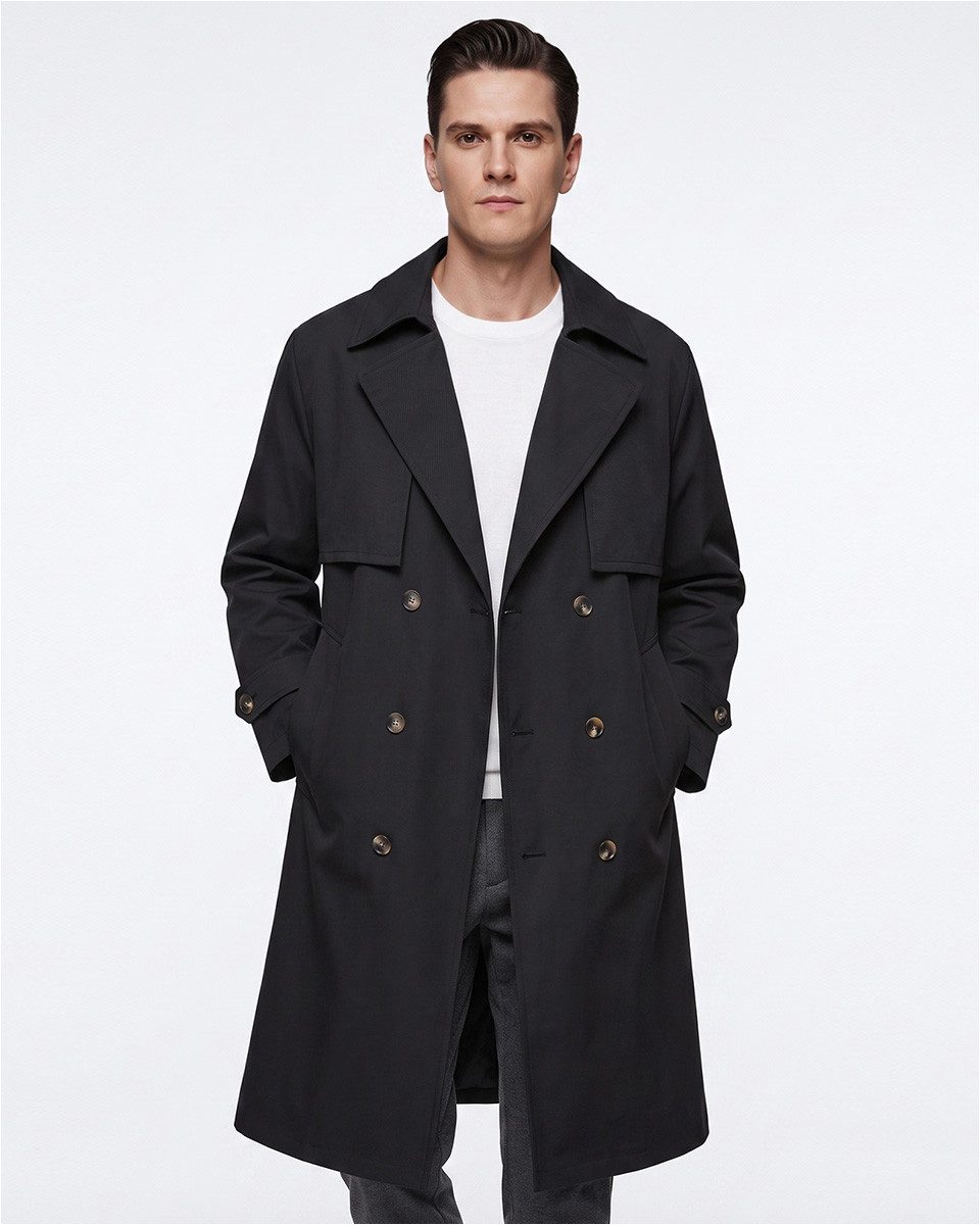 Allthemen Trenchcoat mit Gürtel Herren Langmantel zweireihig Mantel klassische Herbstjacke