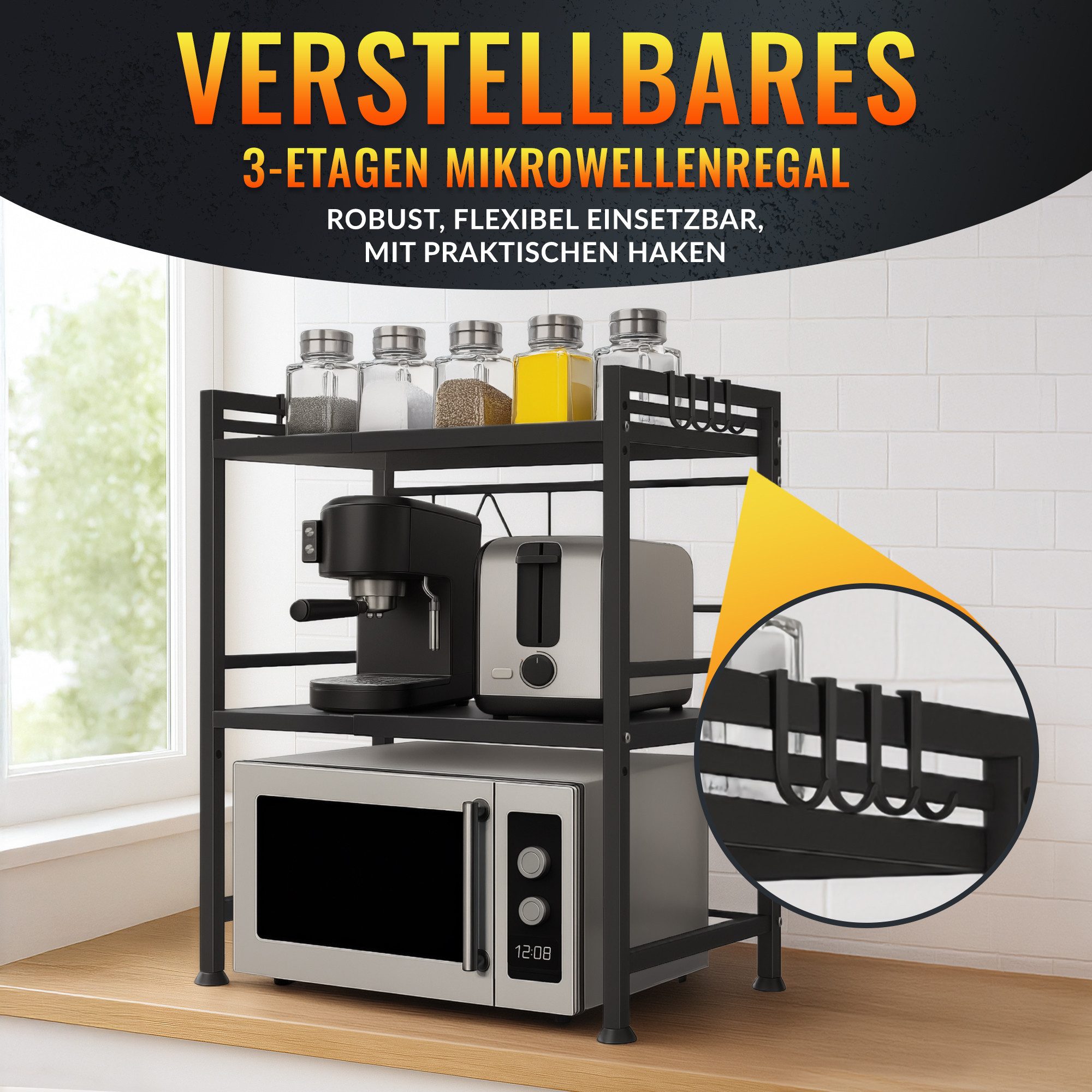 Allyson Regalelement Multifunktions-Mikrowellenregal Ausziehbares & Höhenverstellbar, Packungs-Set, 3-stufig, ausziehbar 40-64cm, Tragkraft 100kg