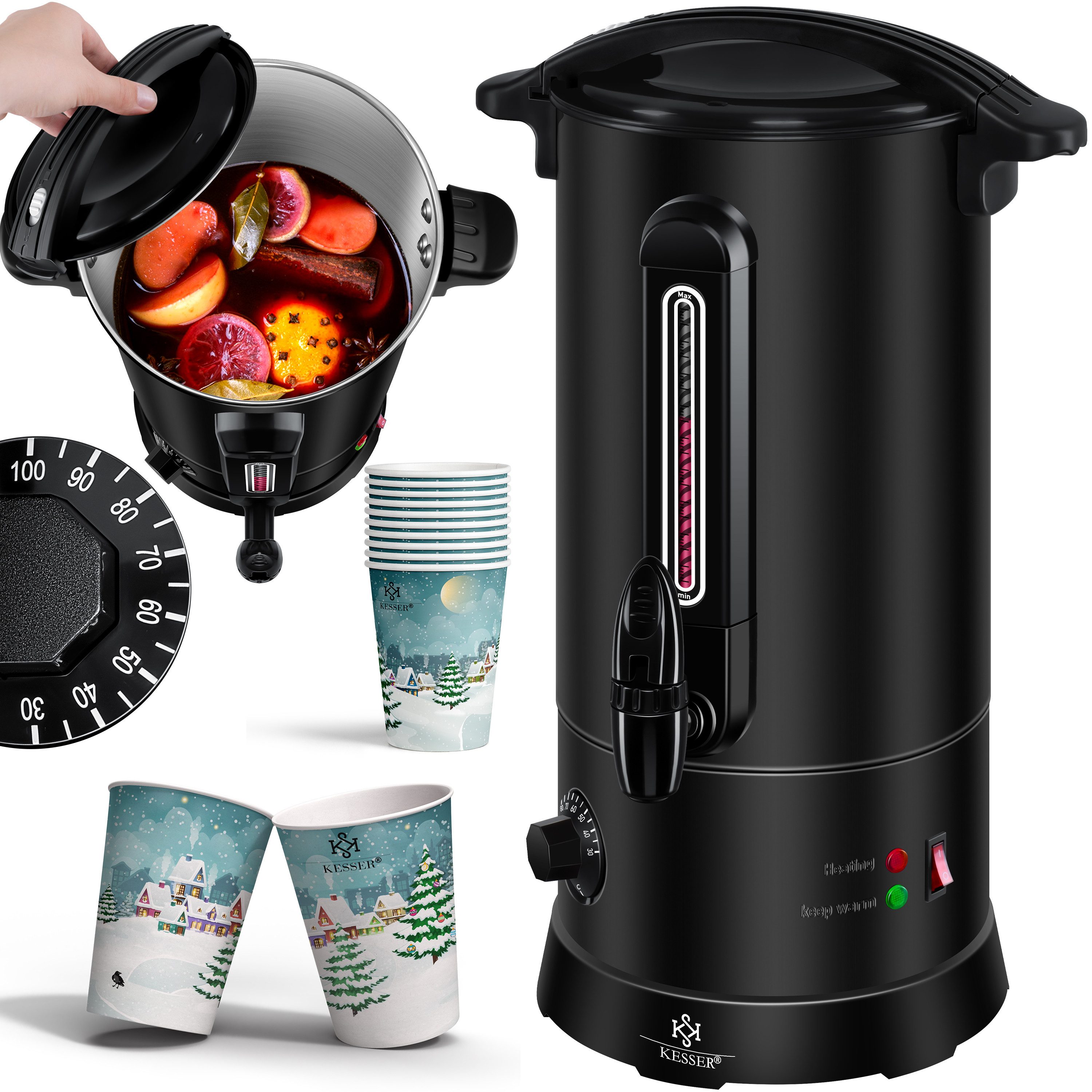 KESSER Heißgetränke- und Glühweinautomat Glühweinkocher 6,8L Einkochautomat aus Edelstahl Glühweinkessel, 1800 W, Heißwasserspender mit Thermostat 30-100°C, Auto-Erhitzen & Warmhalten