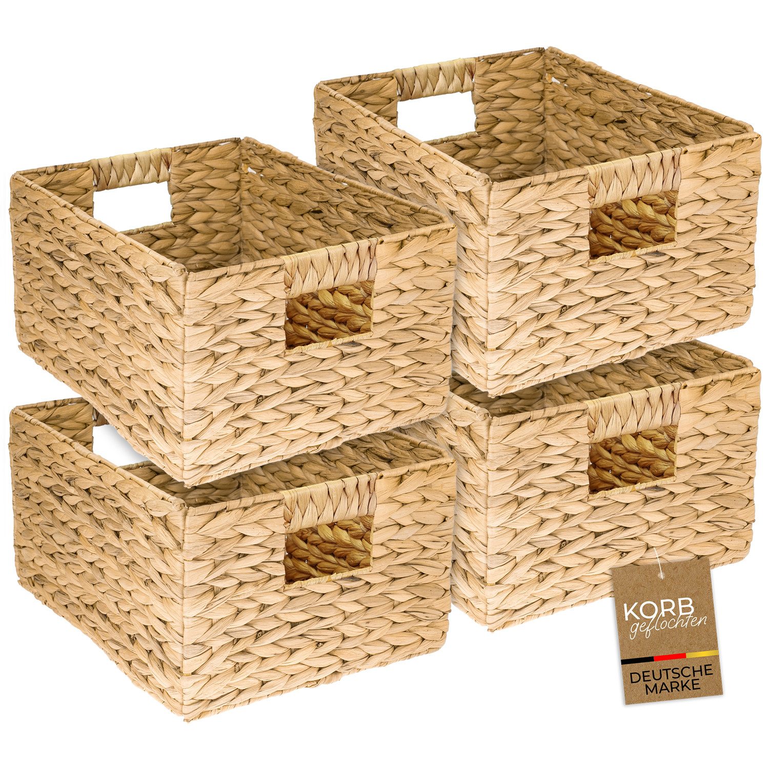 HMF Aufbewahrungskorb Aufbewahrungskorb geflochten aus Wasserhyazinthe mit Tragegriffen (4er Set, 4 St), für Bad, Küche und Wohnbereich, Größe L, 36 x 28 x 20 cm, Naturfarben