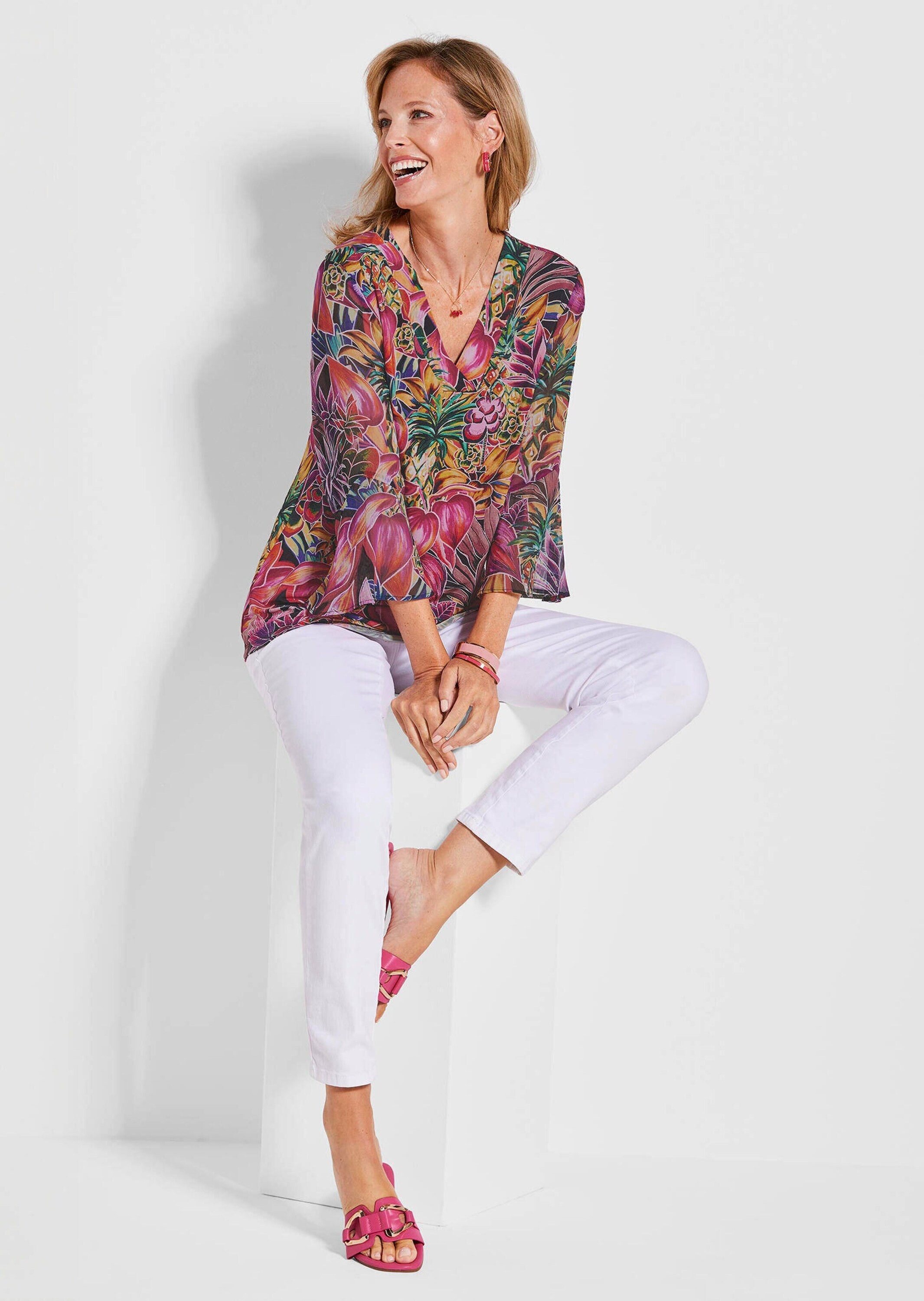 GOLDNER Schlupfbluse Bunte Tunika mit floralem Print Halbarmshirt, floral, weiter Schnitt, kaschierend, Viskose-Qualität – Bild 4 von 5