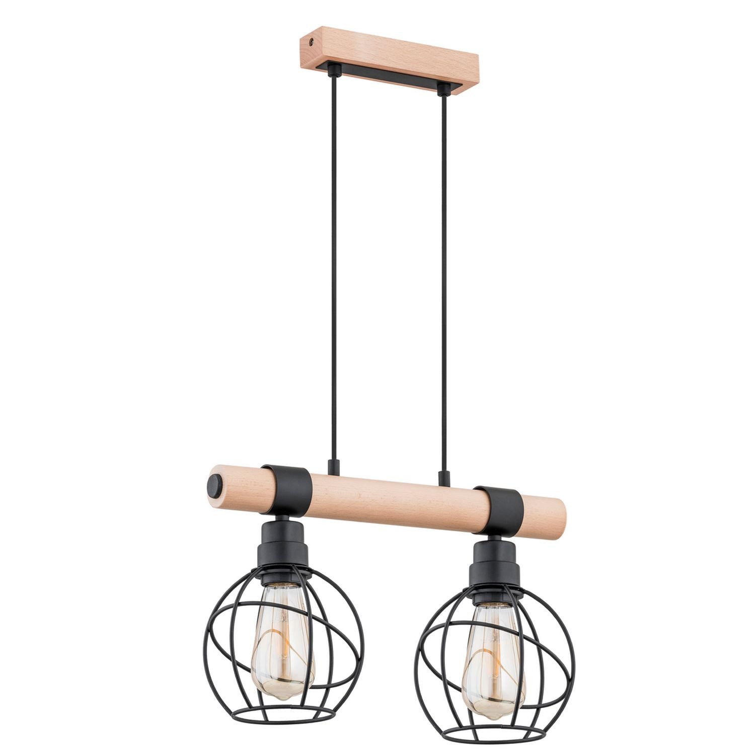 Licht-Erlebnisse Pendelleuchte ZERON, ohne Leuchtmittel, Metall Holz H: max. 90 cm Natur Schwarz E27 2-flammig Kugelschirm