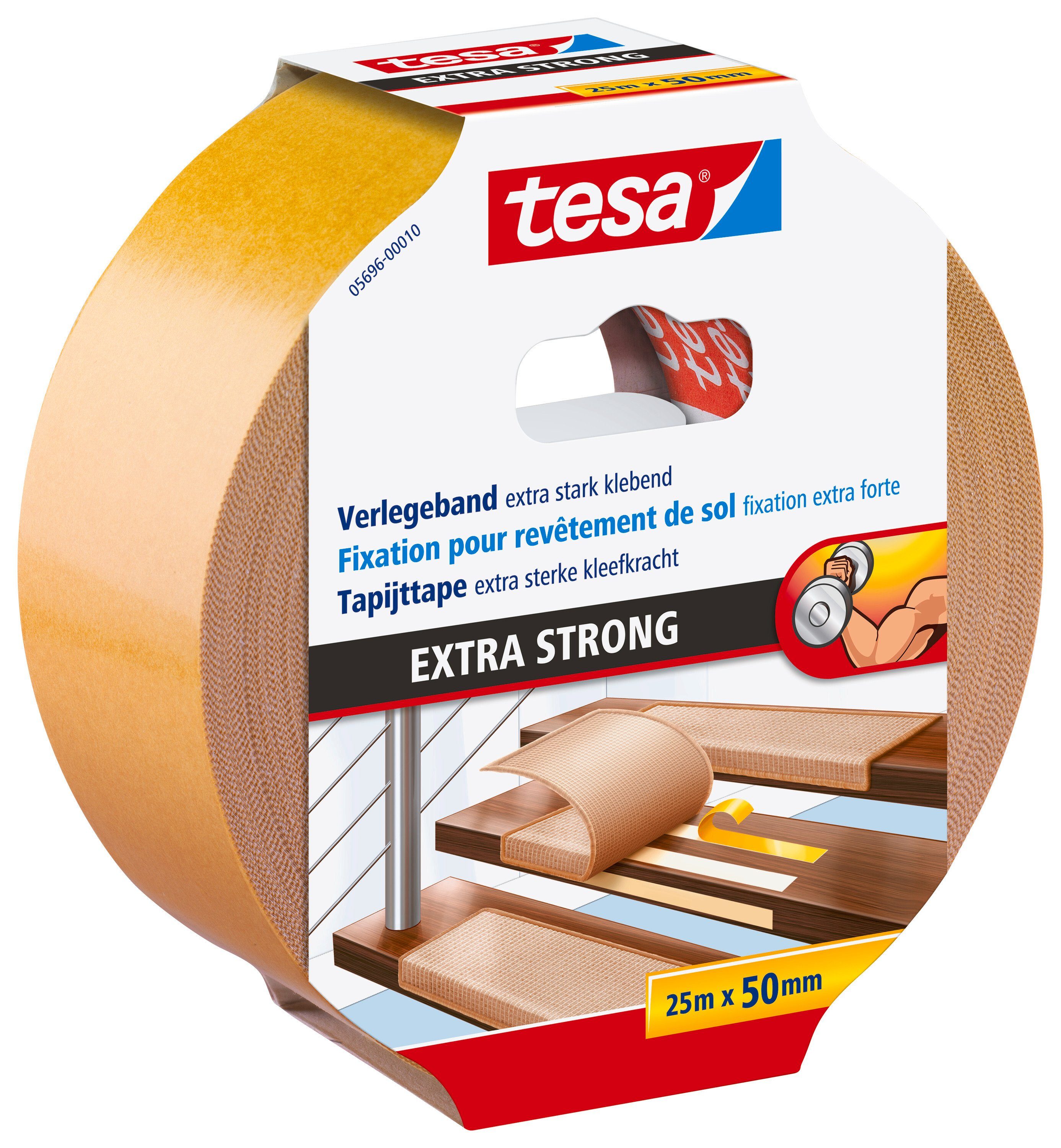 tesa Doppelklebeband EXTRA STRONG Verlegeband (Packung, 1-St) doppelseitiges Gewebeklebeband - zum Verlegen von Teppich & PVC-Boden