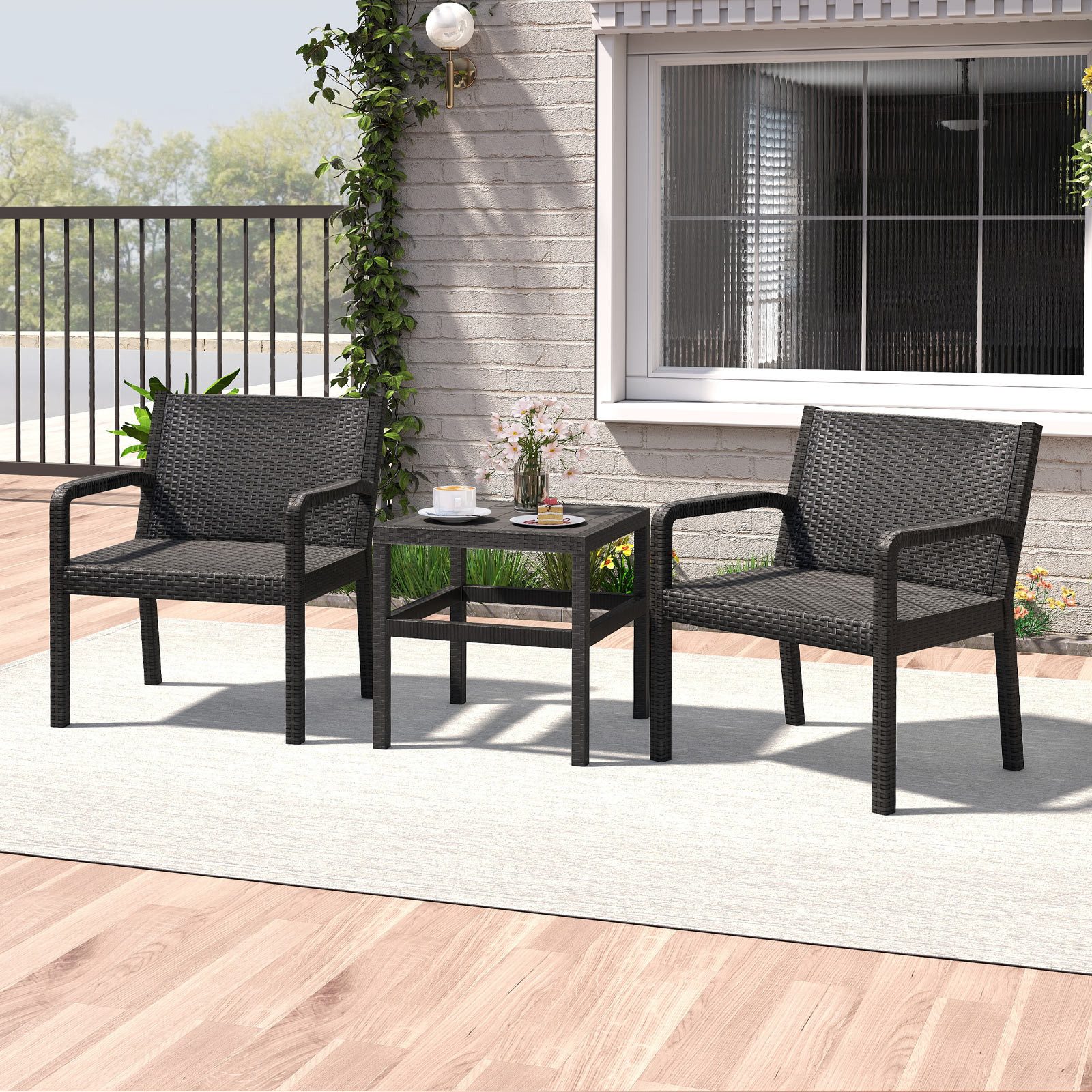 COSTWAY Balkonset, (3-tlg), Rattan Gartenmöbel-Set mit 2 Sesseln und Tisch