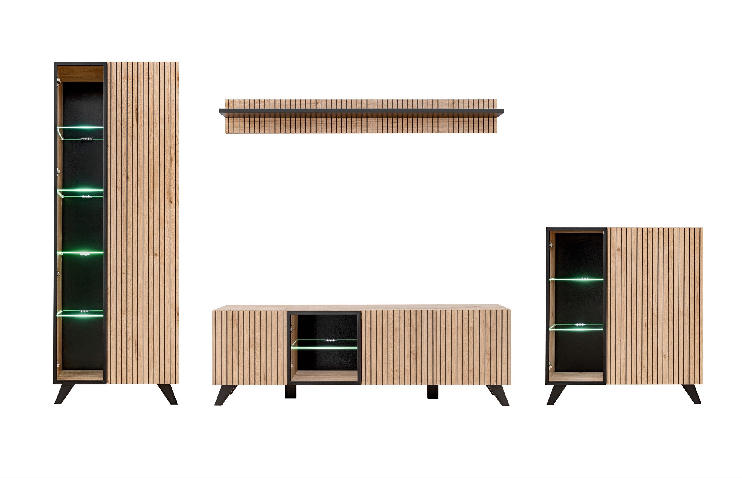 ASM-Moebel Wohnwand Wohnwand LIAM mit Lamellen LED Beleuchtung und Push - C günstig online kaufen