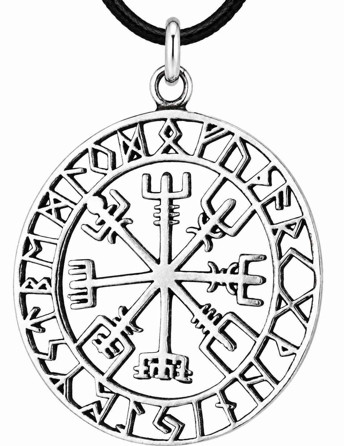 Kiss of Leather Kettenanhänger Wikingerkompass Anhänger Silber Wikinger Kompass Vegvisir Runen Weg