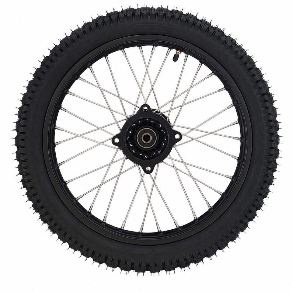 FunSport-Factory Ersatzrad 14 Zoll Vorderrad komplett für Pit Bike Dirt Bike 15 mm Achse, Stahlfelge, 32 Speichen, vormontiert, Offroad-Reifen
