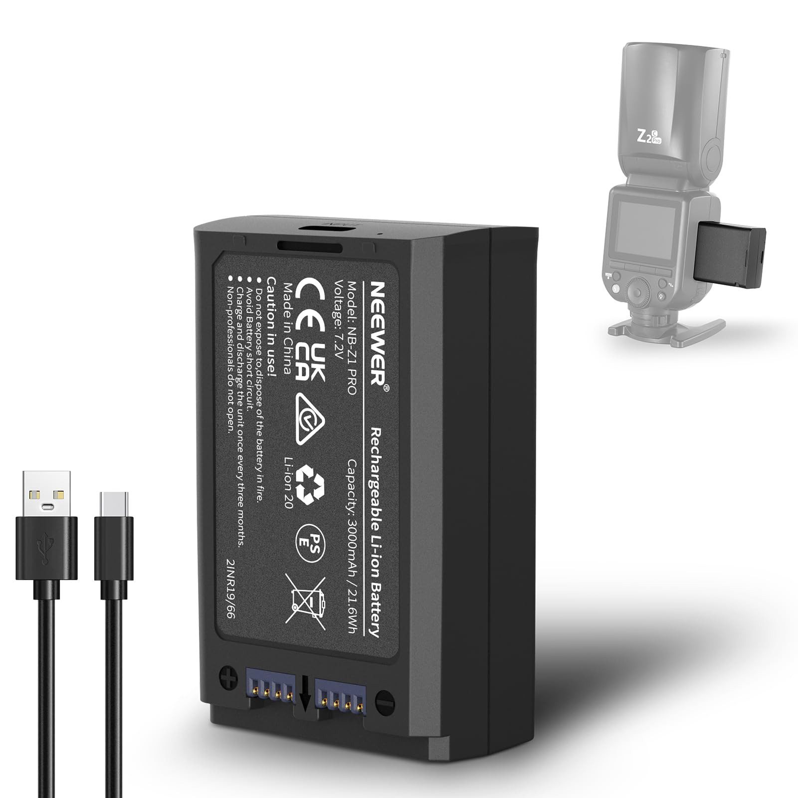 Neewer NB-Z1 PRO 7,2V 3000mAh Li-Ion Akku für Z2PRO/Z2/Z1/Z880 Blitzgeräte Kamera-Akku 3000 mAh, Schnelle und effiziente Ladeoptionen