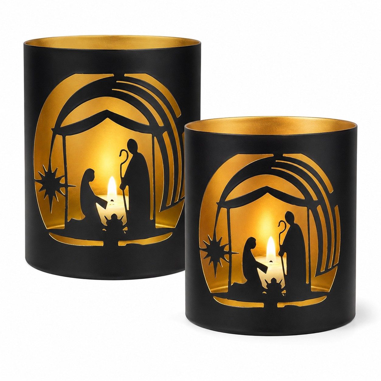 BOLTZE Windlicht Windlichter Weihnachten 2er Set Metall Krippenszene Schwarz Gold