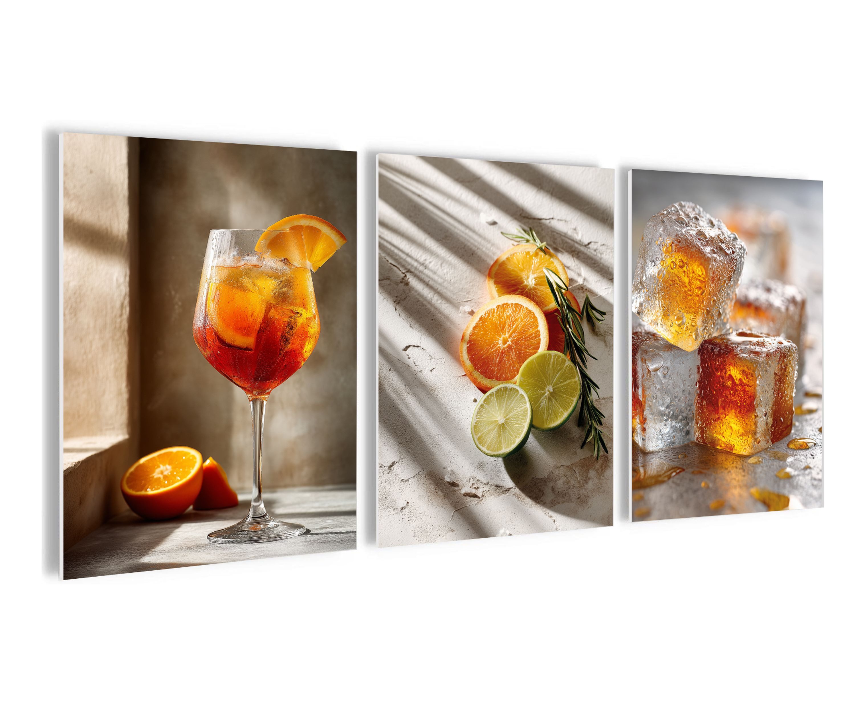 artissimo Mehrteilige Bilder Wandbilder-Set 3er-Set Küche / moderne Küchendeko / Esszimmer, Stillleben: Cocktail Aperol Spritz in orange beige