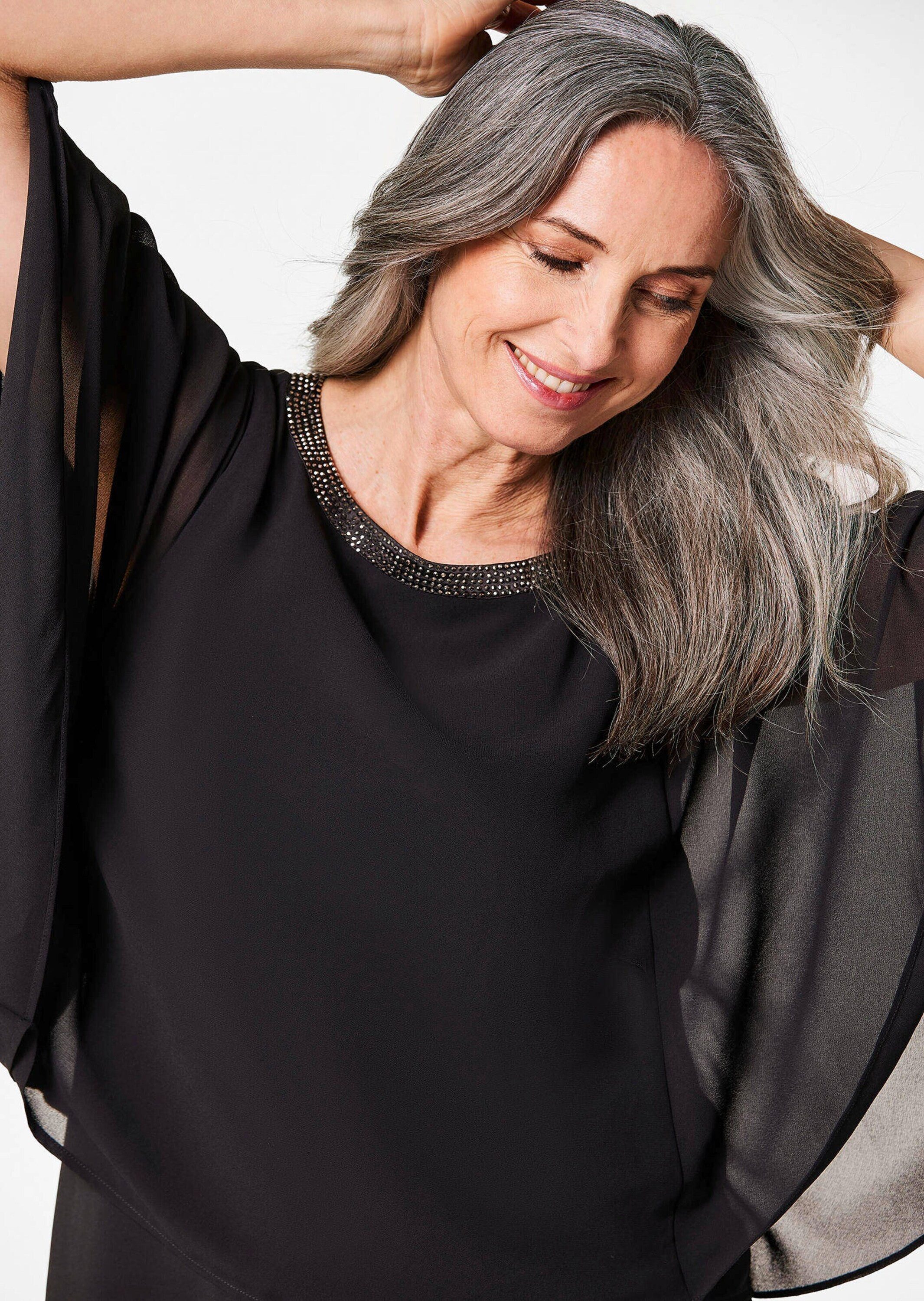 GOLDNER Shirtbluse Kurzgröße: Edle Chiffonbluse, U-Boot-Ausschnitt Herbsttunika mit Glitzersteinen am Ausschnitt und weiten 3/4-Ärmeln