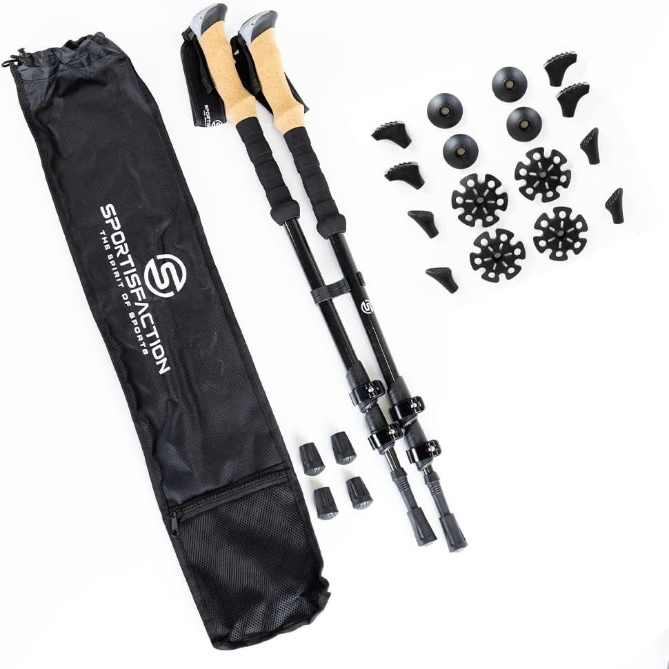 Sportisfaction Wanderstöcke Carbon Wanderstöcke Ultraleicht 260g Teleskop Trekkingstöcke 63-140cm, Ergo-Korkgriff Inkl. 5 Paar Aufsätze & Tasche Metall-Clip Verschluss