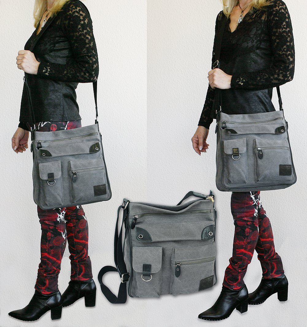 J JONES JENNIFER JONES Schultertasche Große Damen Umhängetasche aus Canvas, Vintage Look, viele Fächer – Bild 4 von 5