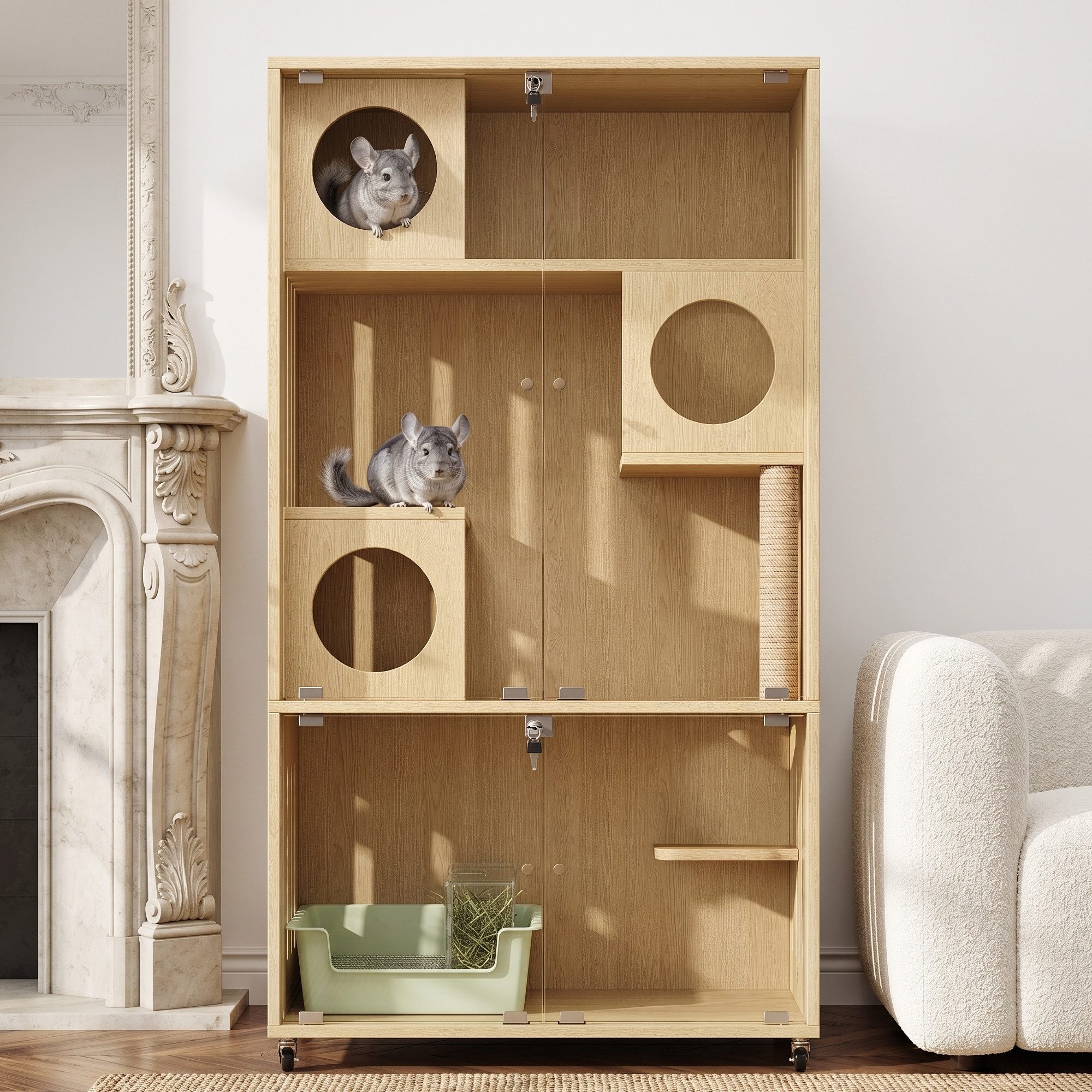 Flieks Katzenhaus Mobiler Katzenkäfig Katzenvilla mit Schlüsselverschluss & Rollen, Tierhaus mit Glas-Doppeltüren, Dreischichtiger Käfig Holzoptik Natur
