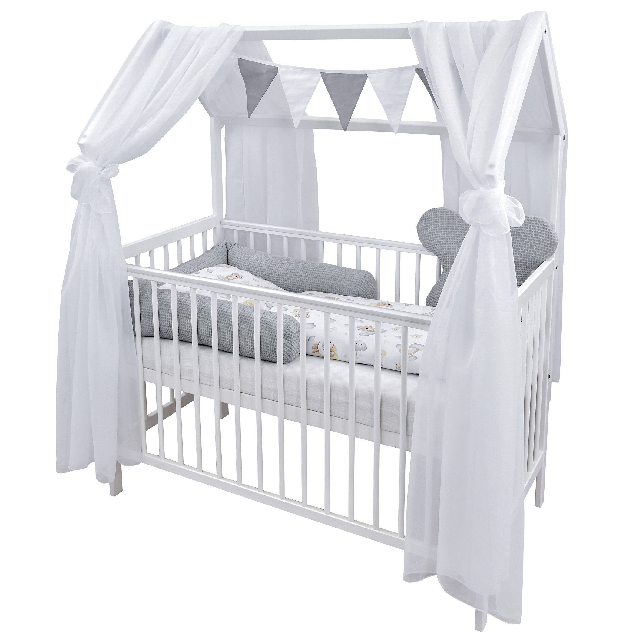 Baby-Delux Komplettbett Hausbett Babybett Komplettset Waffelpique, 12-tlg., Kinderbett 60x120 cm weiß, Bettset verschiedene Designs