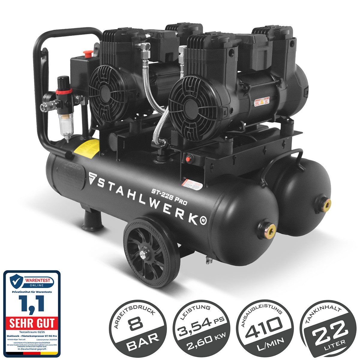 STAHLWERK Kompressor 22 L Tank - ölfrei & leise, 8 bar, Druckluftkompressor, 22 l, 1-tlg.