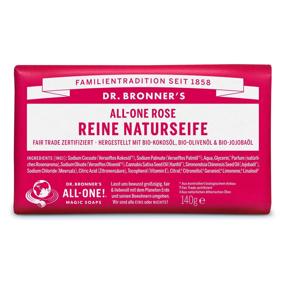 Dr. Bronners Feste Duschseife Rose - All-One Reine Naturseife 140g