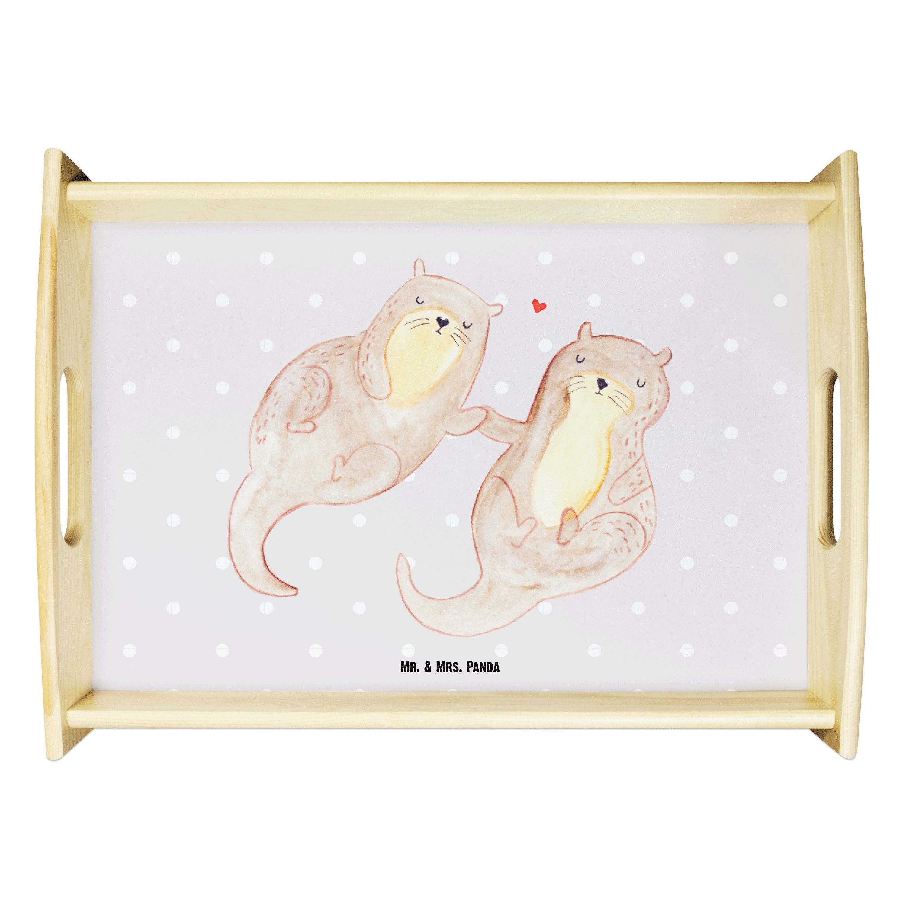 Mr. & Mrs. Panda Tablett Otter händchenhaltend - Grau Pastell - Geschenk, Dekotablett, Seeotte, Echtholz lasiert, (1-tlg)