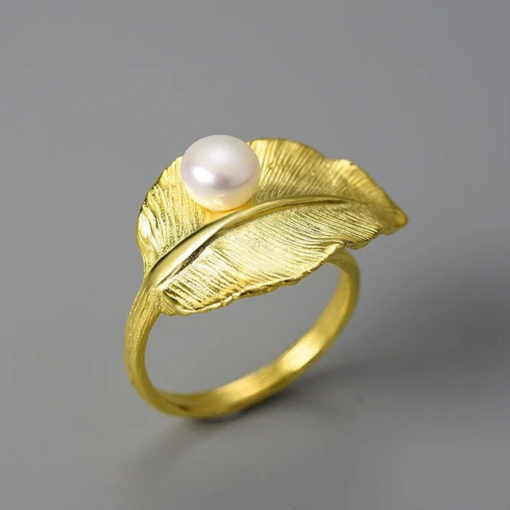 Runde Perlé Perlenring Blatt mit Wassertropfen verstellbarer Ring, handgefe günstig online kaufen