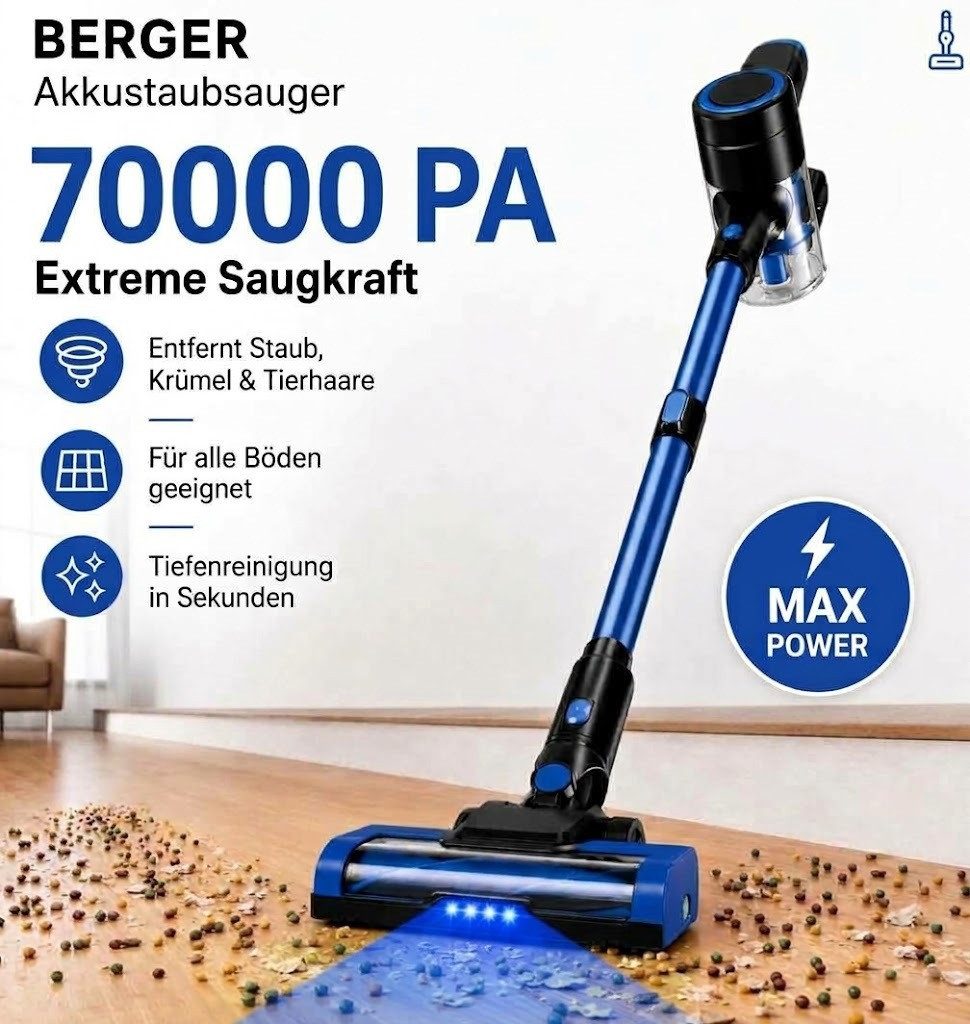 BERGER ELECTRONICS Stielstaubsauger Staubsauger Kabellos, Akku Staubsauger, Akku-Stielstaubsauger, beutellos, 70000 Pa, 60 min Laufzeit, Handstaubsauger