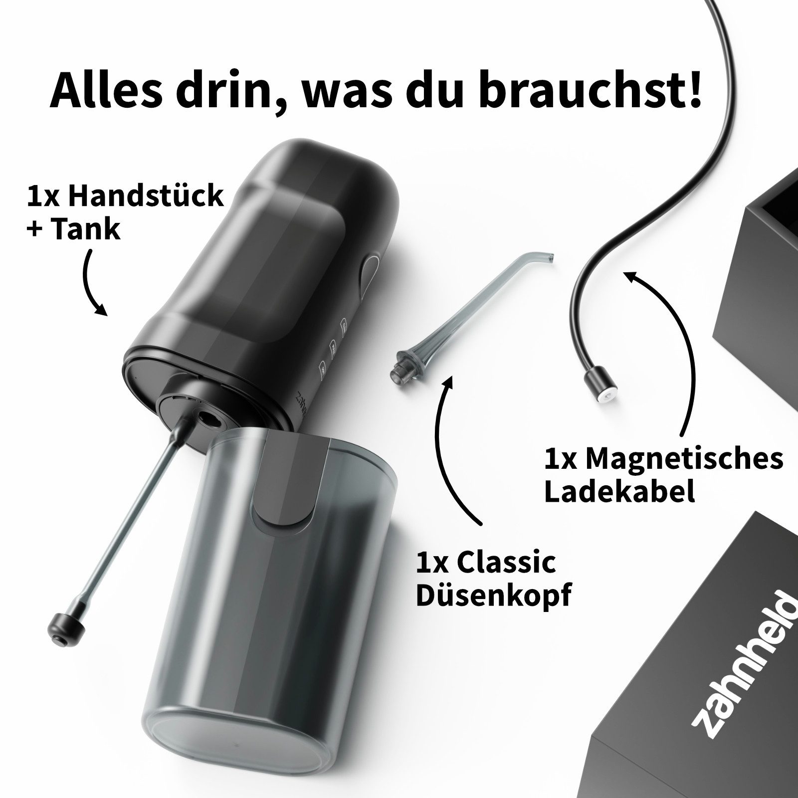Zahnheld Elektrische Zahnbürste Schallzahnbürste Gero mit Munddusche & Etui schwarz/weiß, 10 Wo Akku, Elektrische Zahnbürste & Zahndusche, Mundpflege, Reisezahnbürste mit Schall, Water Flosser, Wasserstrahl