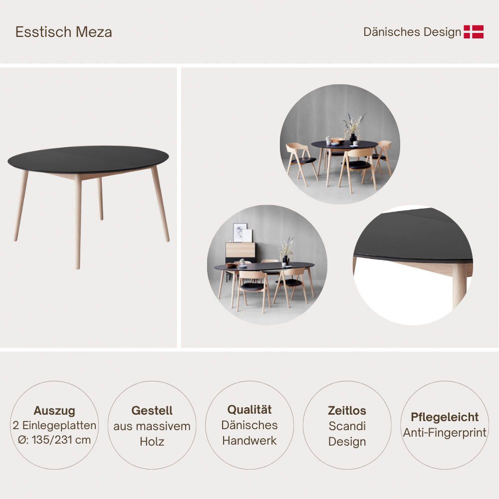 Hammel Furniture Esstisch Meza Designtisch mit Auszugsfunktion und 2 Einlegeplatten, Ø135(231) cm, runde Tischplatte aus MDF/Laminat, Massivholzgestell