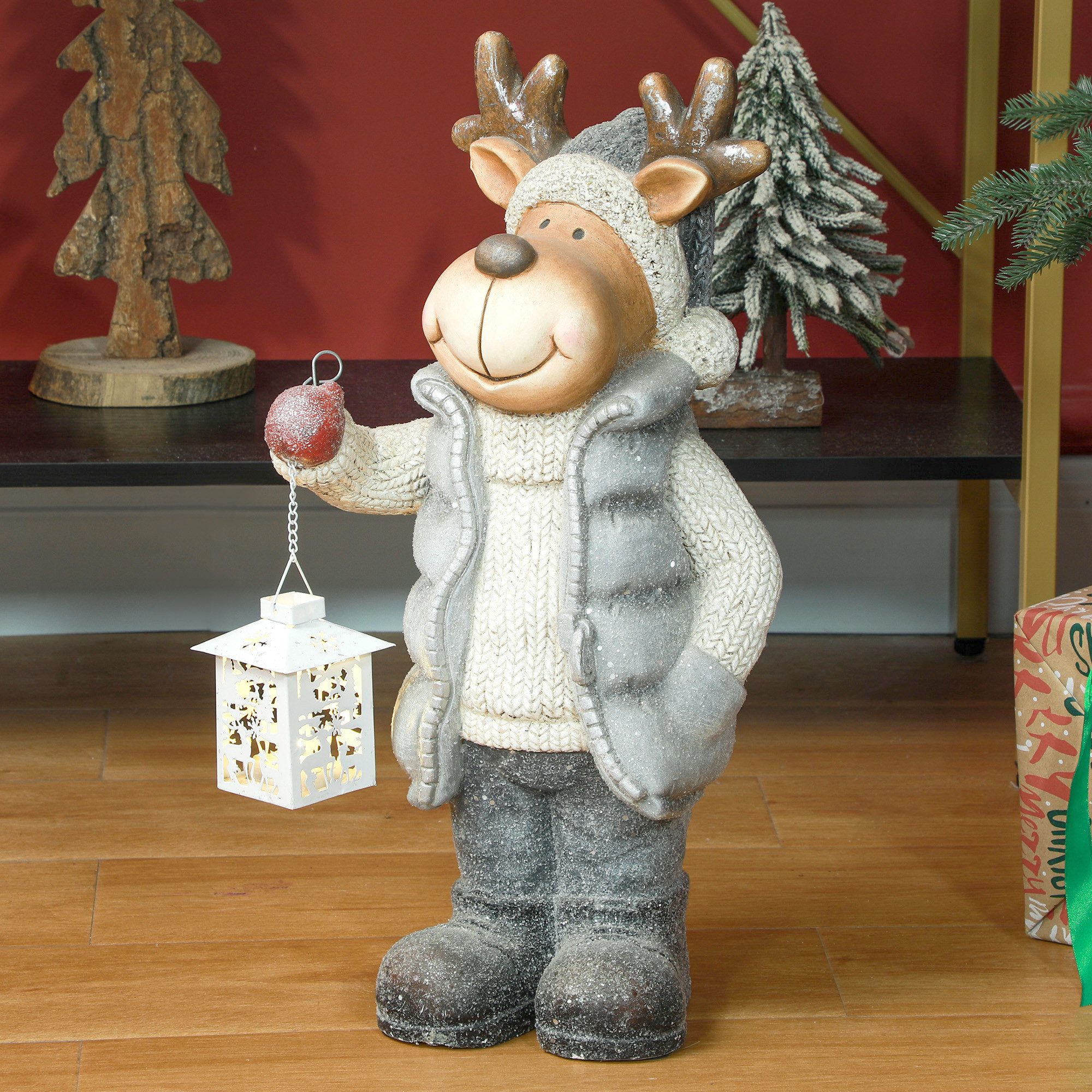 HOMCOM Weihnachtsfigur Figur, 52 cm, LED-Licht, Dekofigur (Rentier mit Laterne, 1 St., Weihnachtsdeko), Weihnachten, für In- und Outdoor, Metall