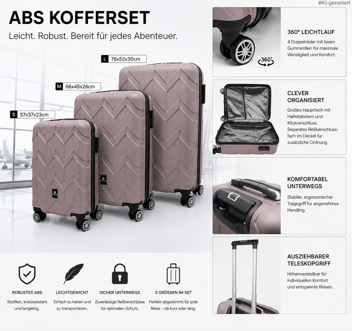 steinwohn Kofferset 3-teilig aus ABS, Hartschalenkoffer mit 360° Doppelrollen, leise Gummirollen, Teleskopgriff, Reißverschlussfach