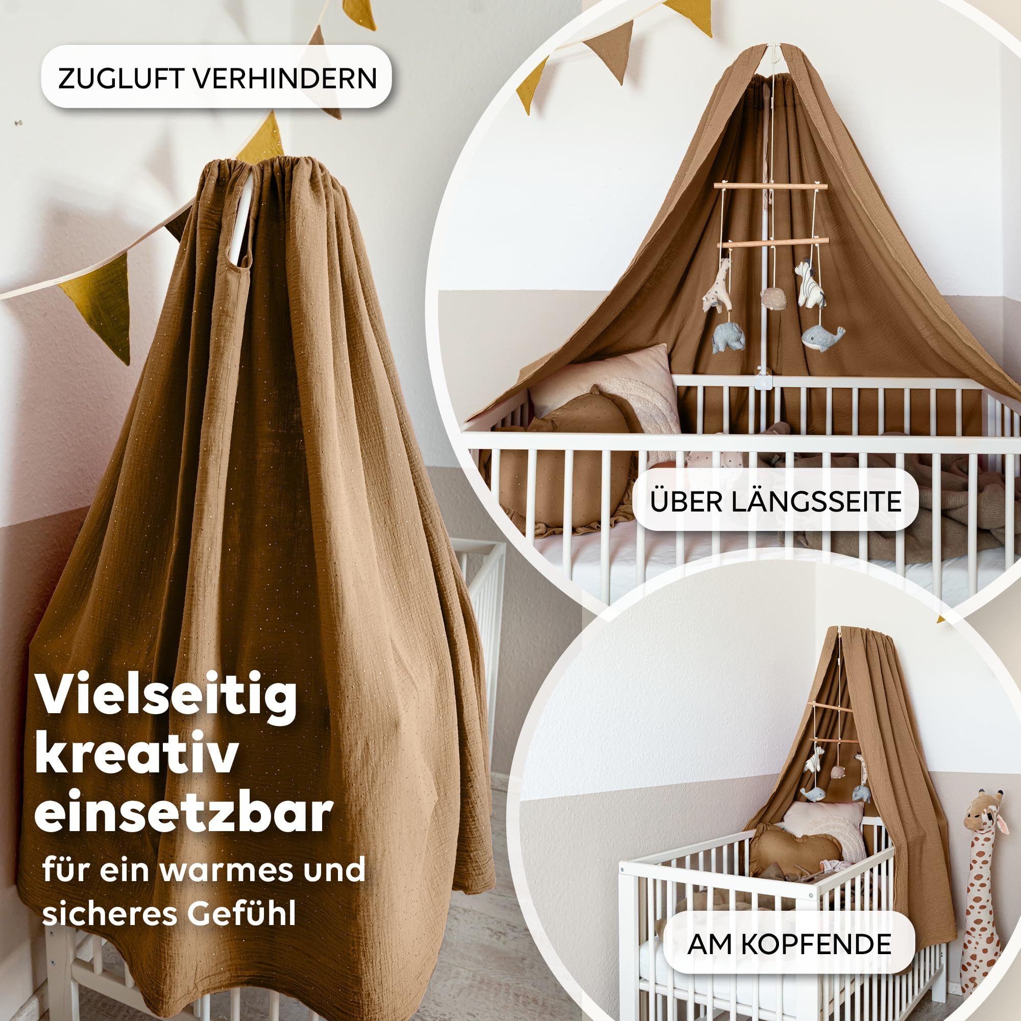 lilimaus Betthimmel Babybett Himmel Gold aus Musselin - handgenähter Baldachin (1-tlg), Betthimmel mit Gold-Details - weich & sanft zu zarter Babyhaut