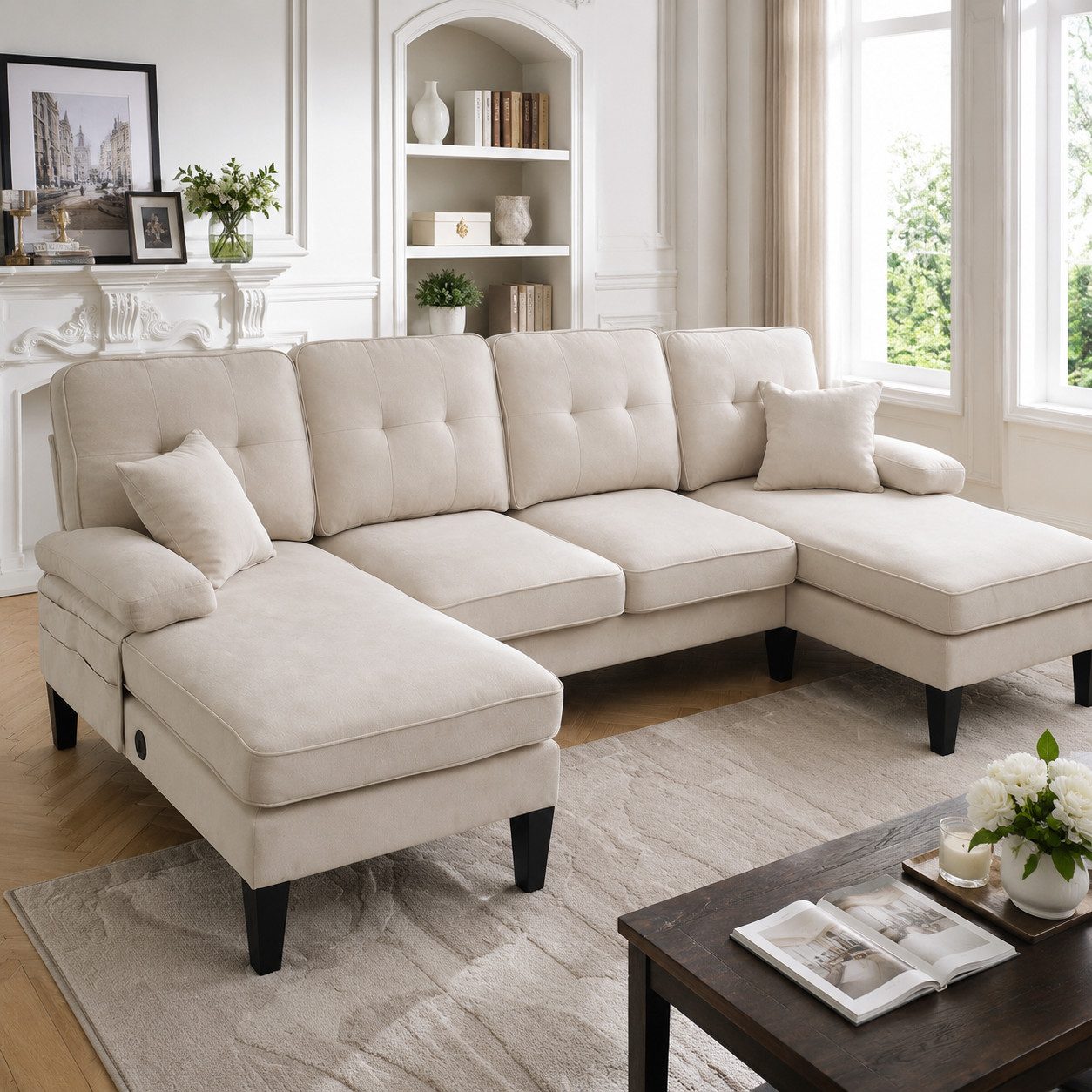 TavilaEcon Ecksofa Modernes 4-Sitzer U-Sofa mit Doppel-Chaise-Longue, 1 Teile, aus weichem Leinenstoff, mit komfortabler Polsterung