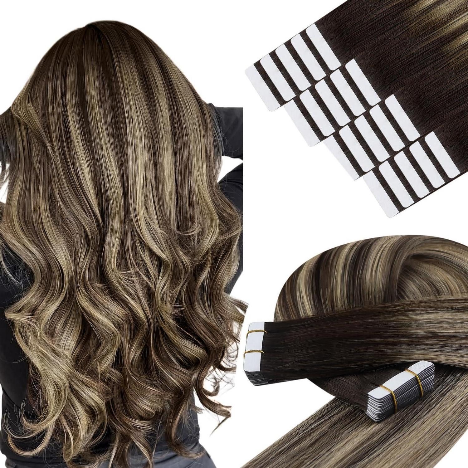 Echthaar-Extension Tape Extensions Echthaar Remy Ombre Braun Blond 55 cm 3-#4 18 4